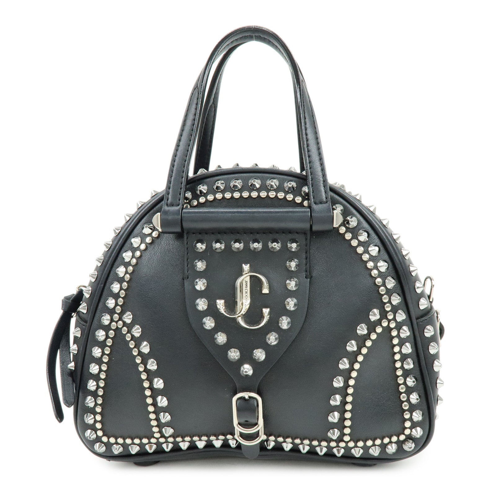 JIMMY CHOO Varenne Leather Bowling Bag Hand Bag Studs Black