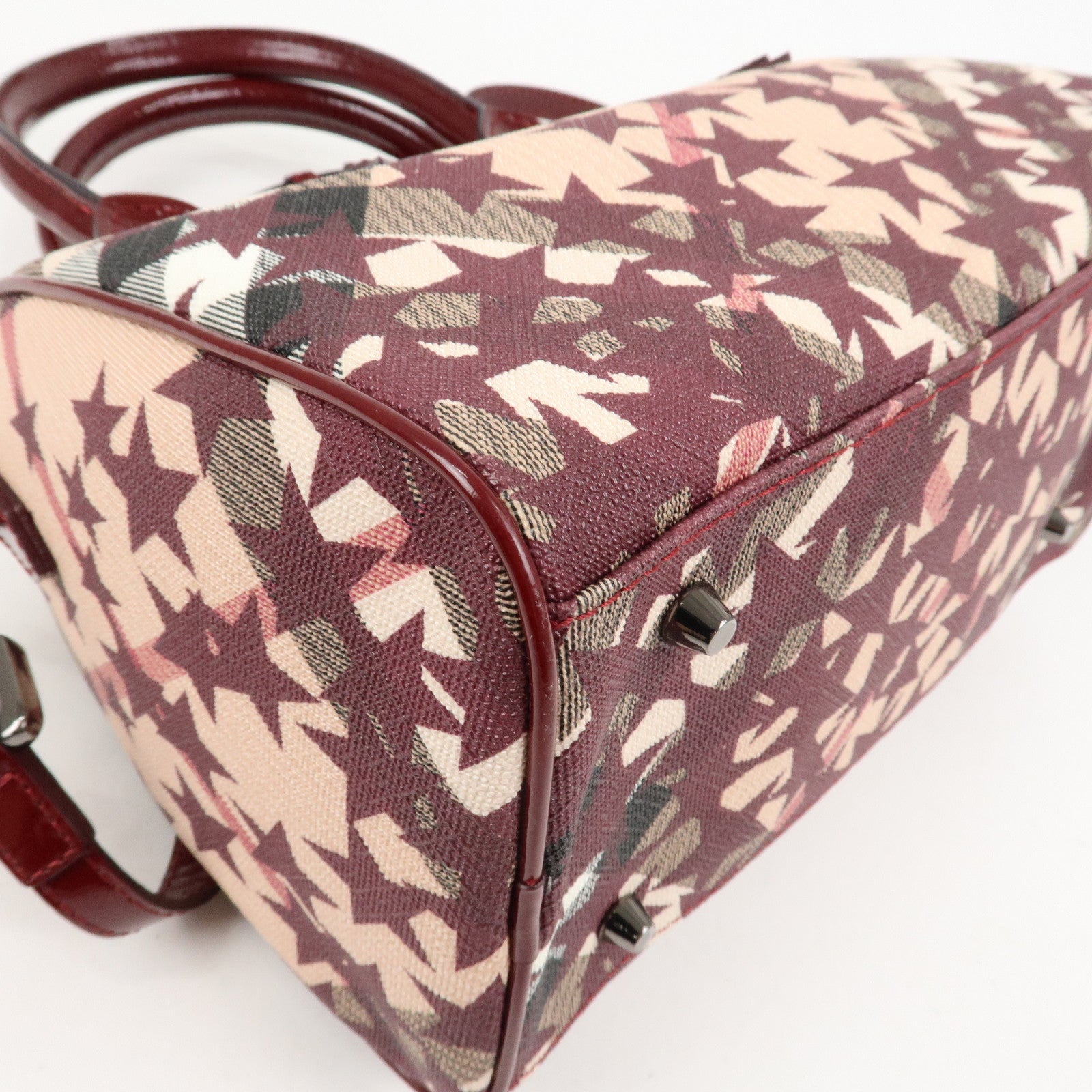BURBERRY PVC Canvas Patent Leather Boston Bag Beige Bordeaux
