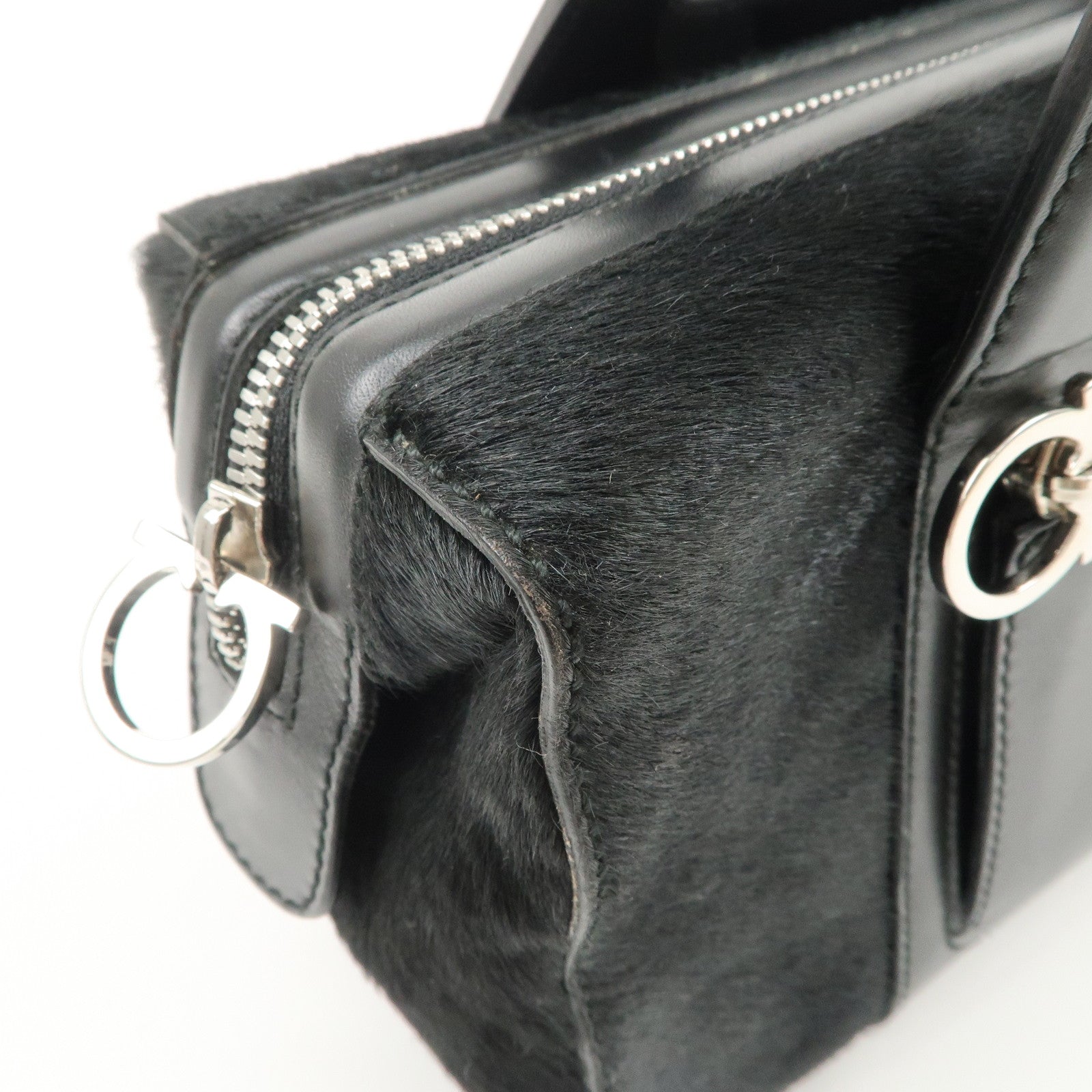 Ferragamo Gancini Leather Unborn Calf Hand Bag Black Used