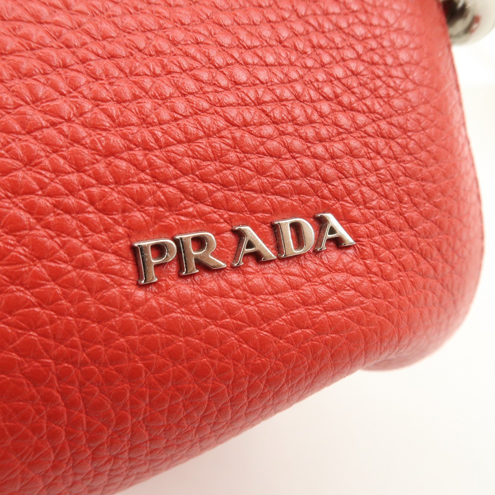 PRADA Logo Grommet Leather Chain Shoulder Bag Red Silver 1BA027