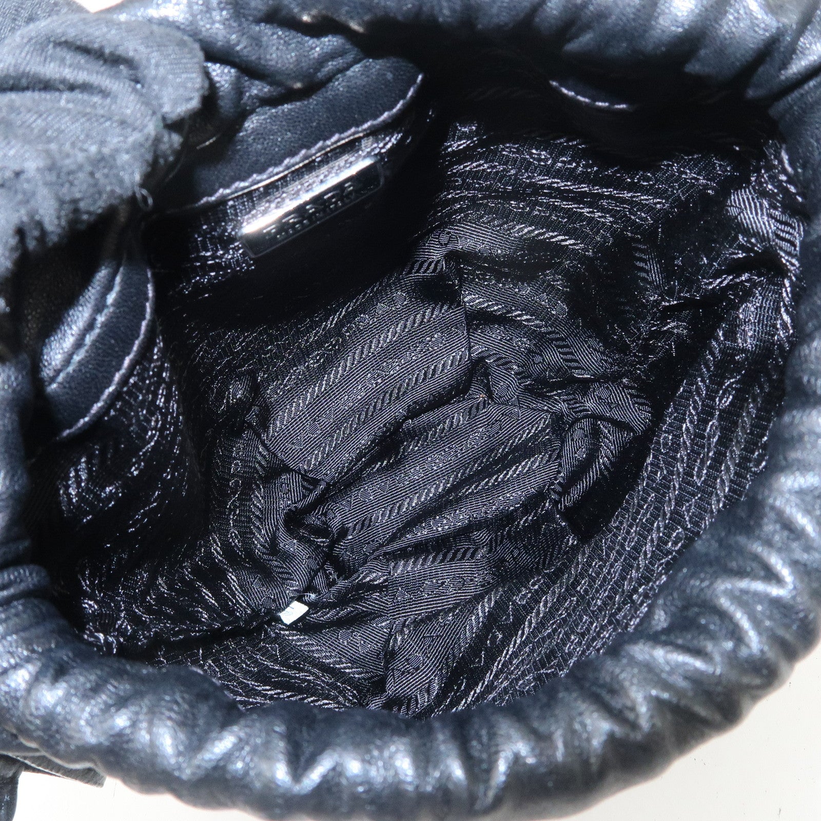 PRADA Studs Leather Drawstring Bag Cosmetic Pouch Black