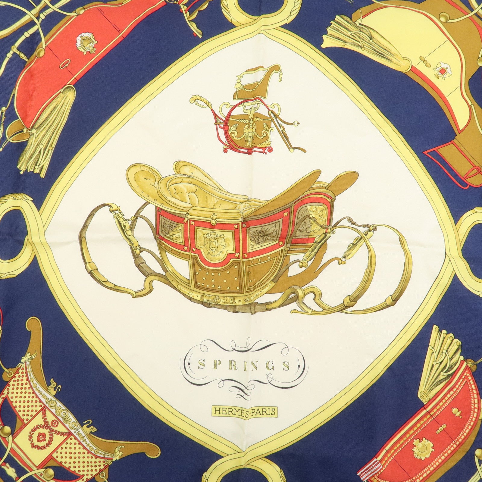 HERMES Carre 90 Silk 100% Scarf SPRINGS Navy Gold