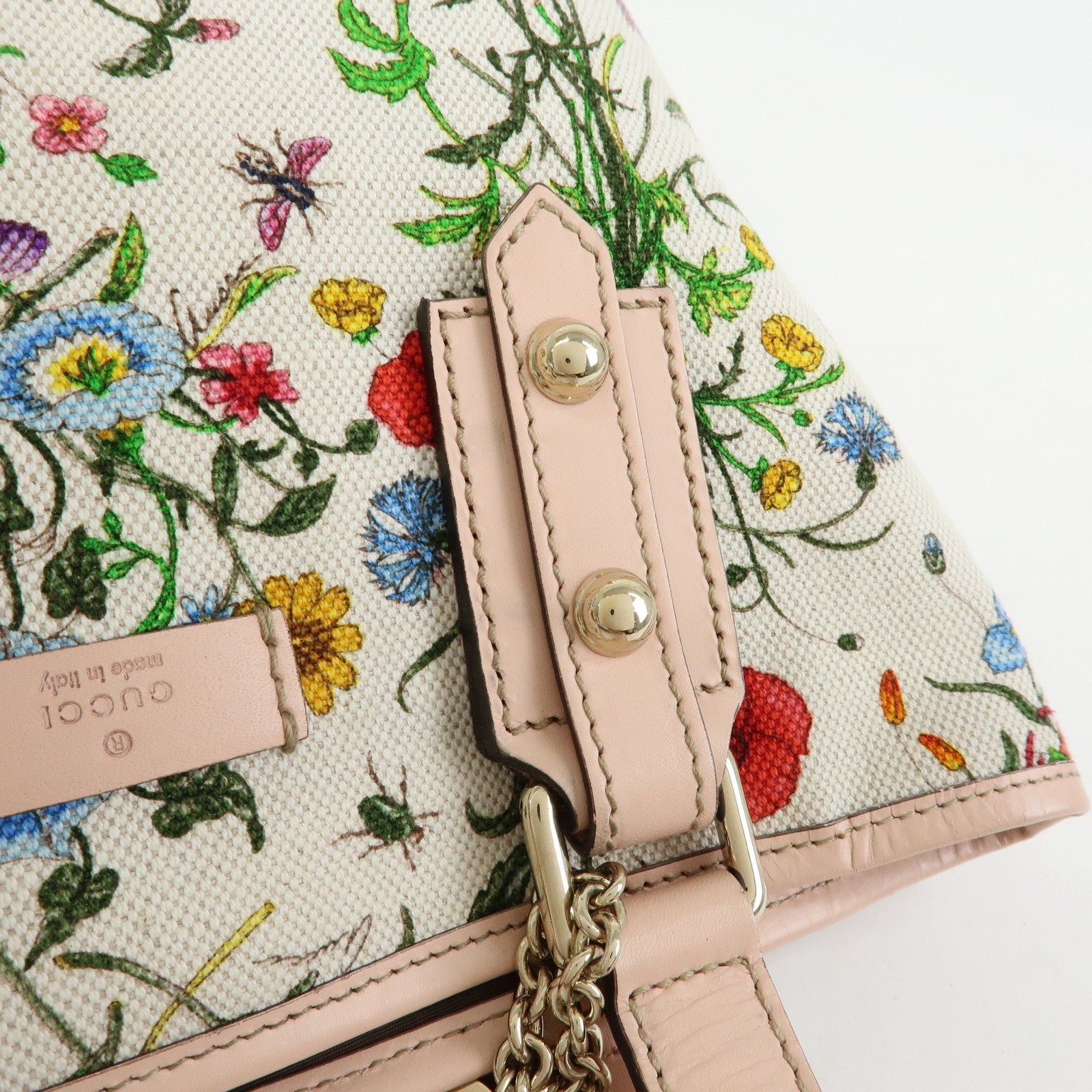GUCCI Flora Flower Motif Canvas Leather Tote Bag White Pink 240018
