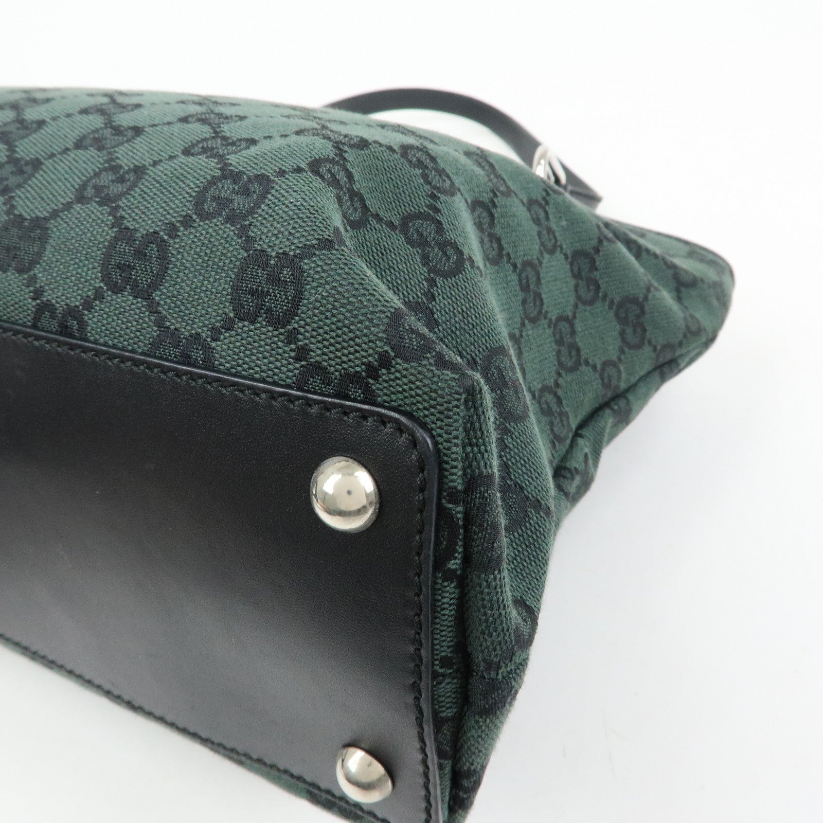 GUCCI GG Canvas Leather Tote Bag Hand Bag Green Black 285583