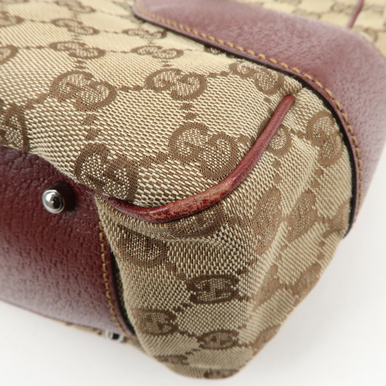 GUCCI GG Monogram Canvas Leather Tote Bag Beige Bordeaux 113011