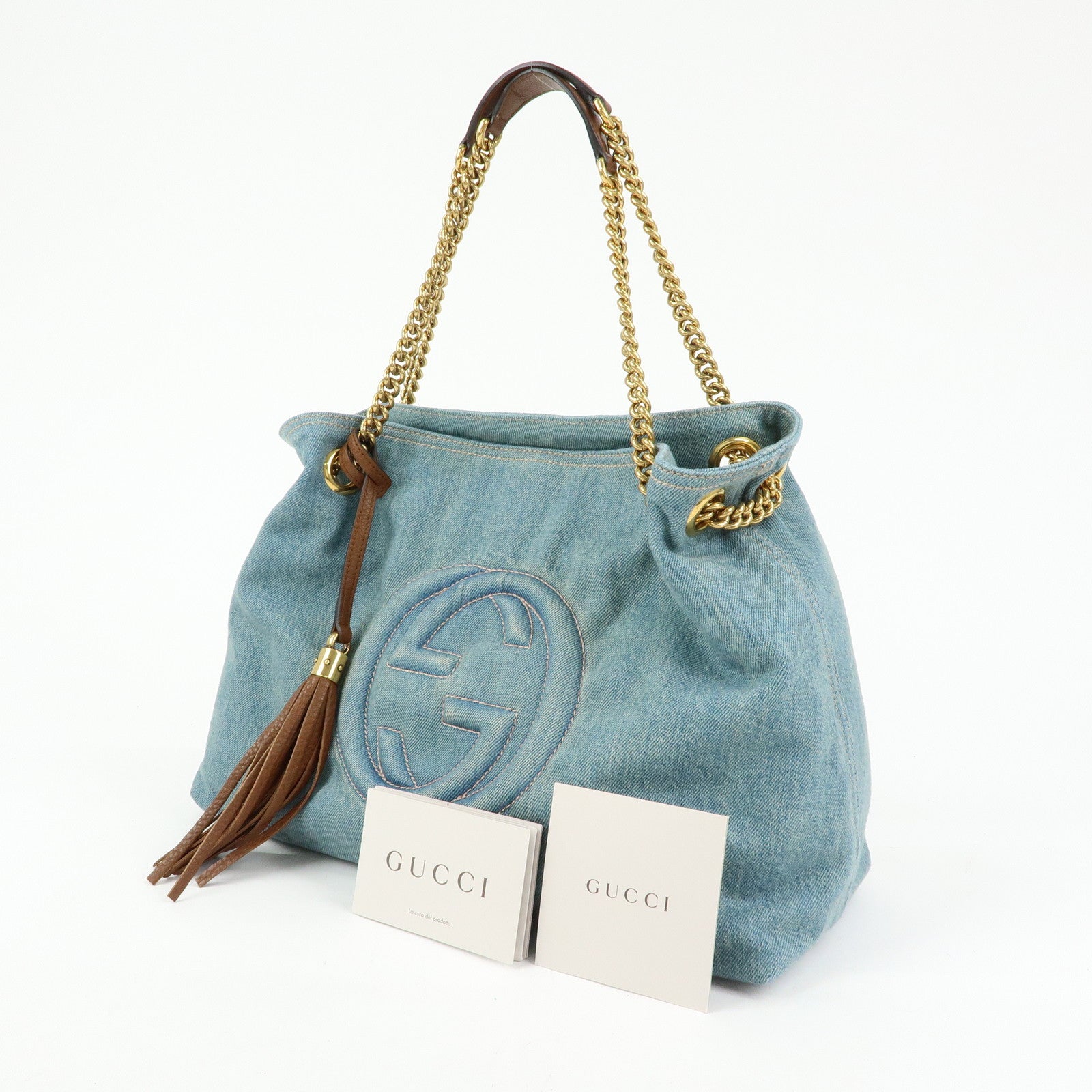 GUCCI SOHO Interlocking G Denim Leather Chain Shoulder Bag 308982