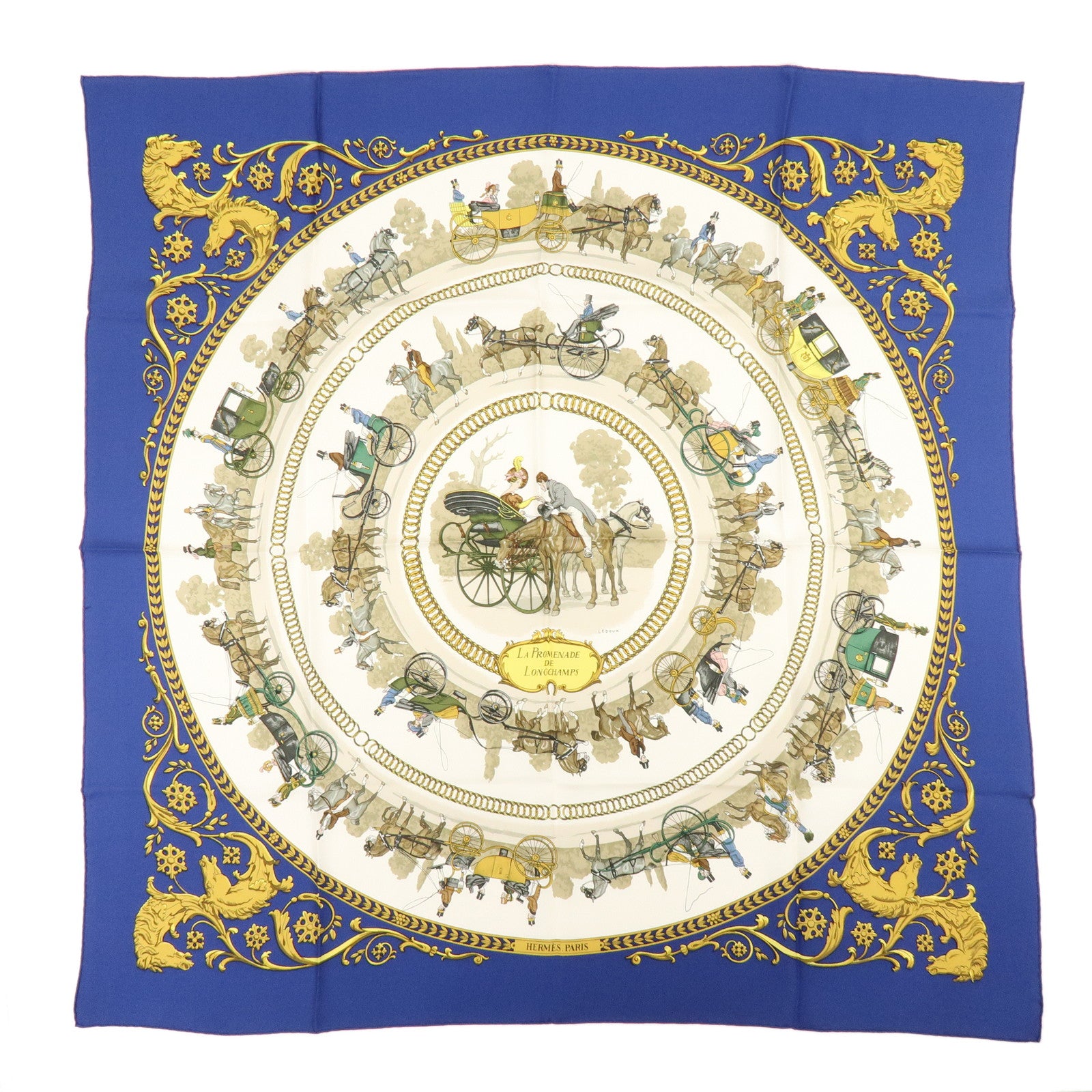 HERMES Carre 90 Silk 100% Scarf LA PROMENADE DE LONGCHAMPS Blue