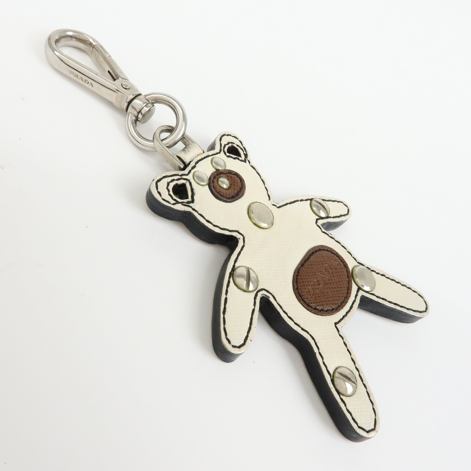 PRADA Saffiano Leather Bear Bag Charm Key Holder Ivory Brown 1AR831