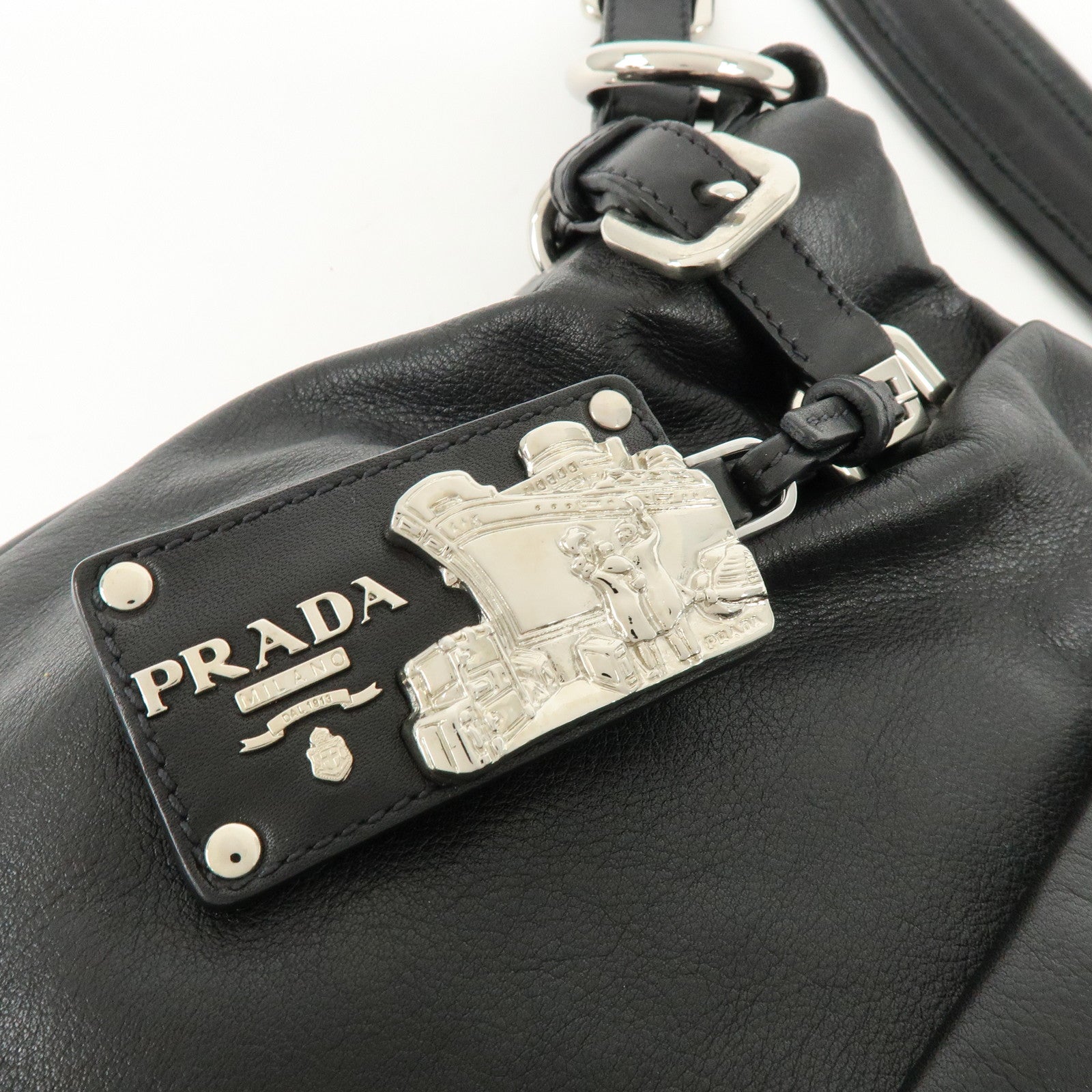 PRADA Logo Soft Calf Leather Side Belted Shoulder Bag Black BR3975