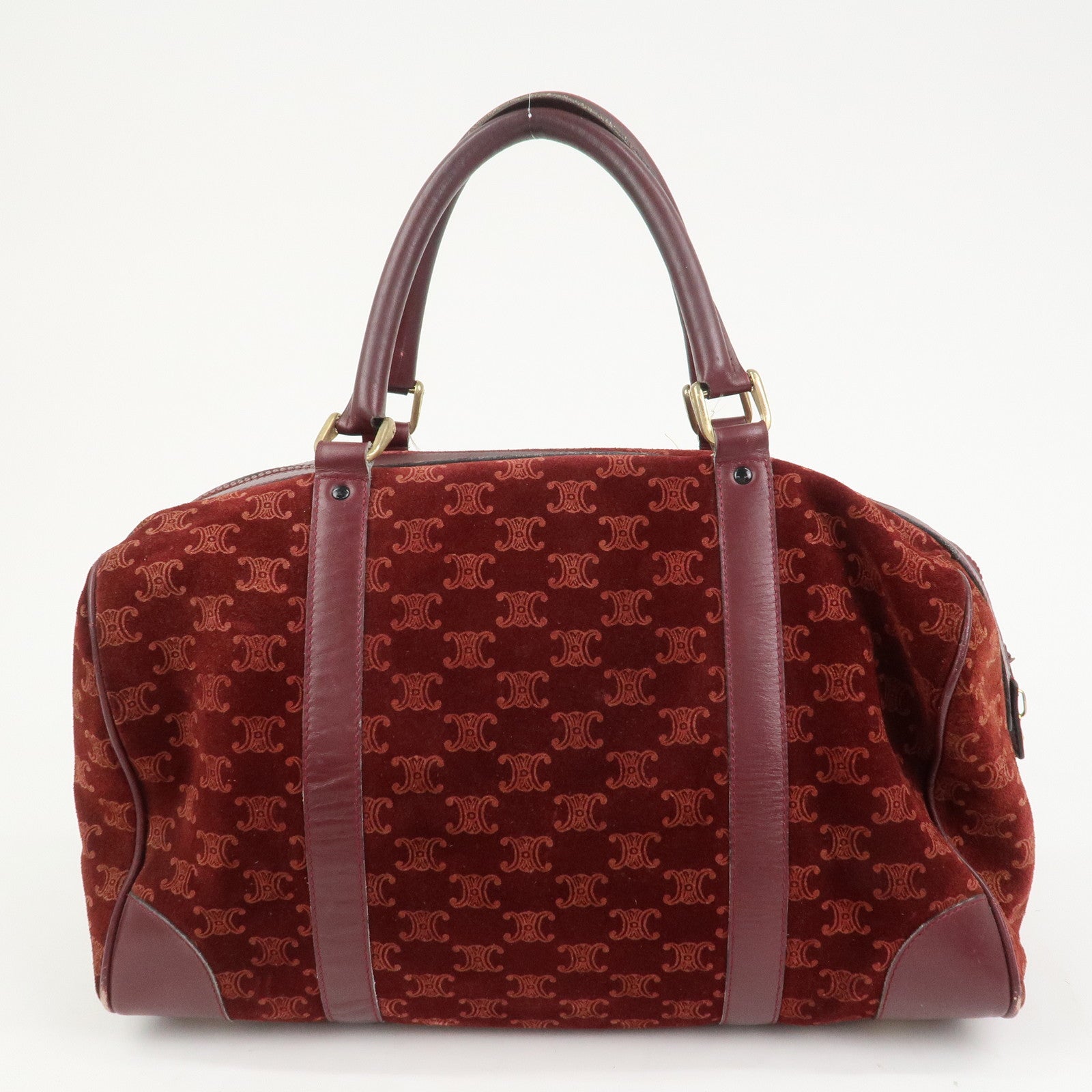 CELINE Macadam Logo Suede Leather Boston Bag Hand Bag Red Brown