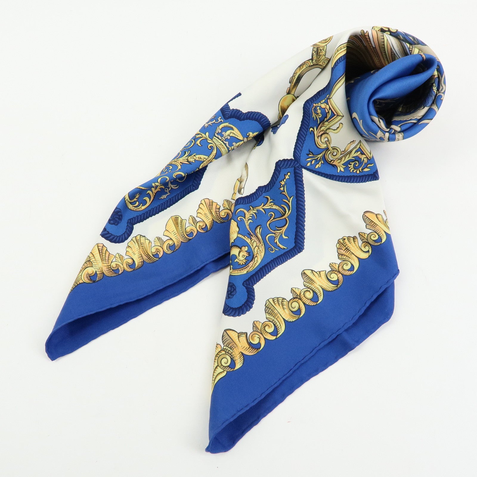 HERMES Carre 90 Silk 100% LVDOVICVS MAGNVS Scarf Blue Gold