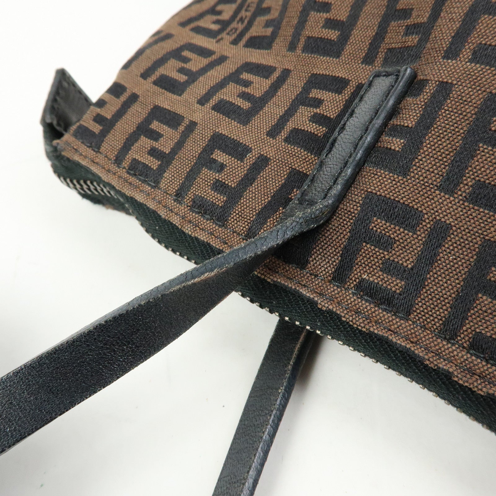 FENDI Zucchino Canvas Leather Tote Bag Hand Bag Brown Black 8BH024