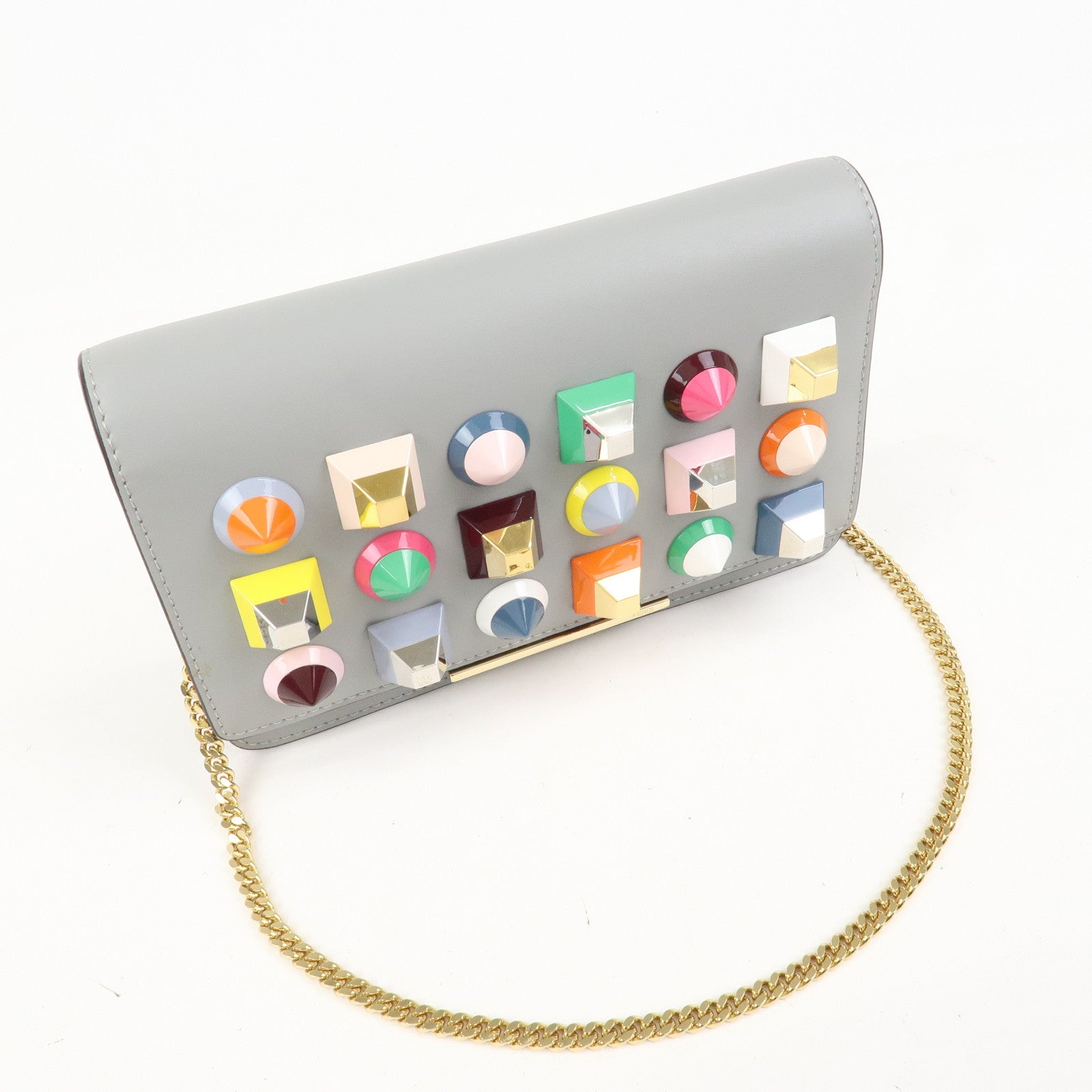 FENDI Leather Studs Shoulder Bag Hand Bag Grey 8M0346