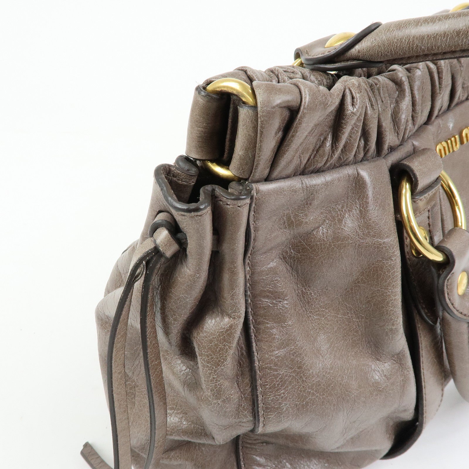 MIU MIU Logo Leather Hand Bag Tote Bag Gray Gold