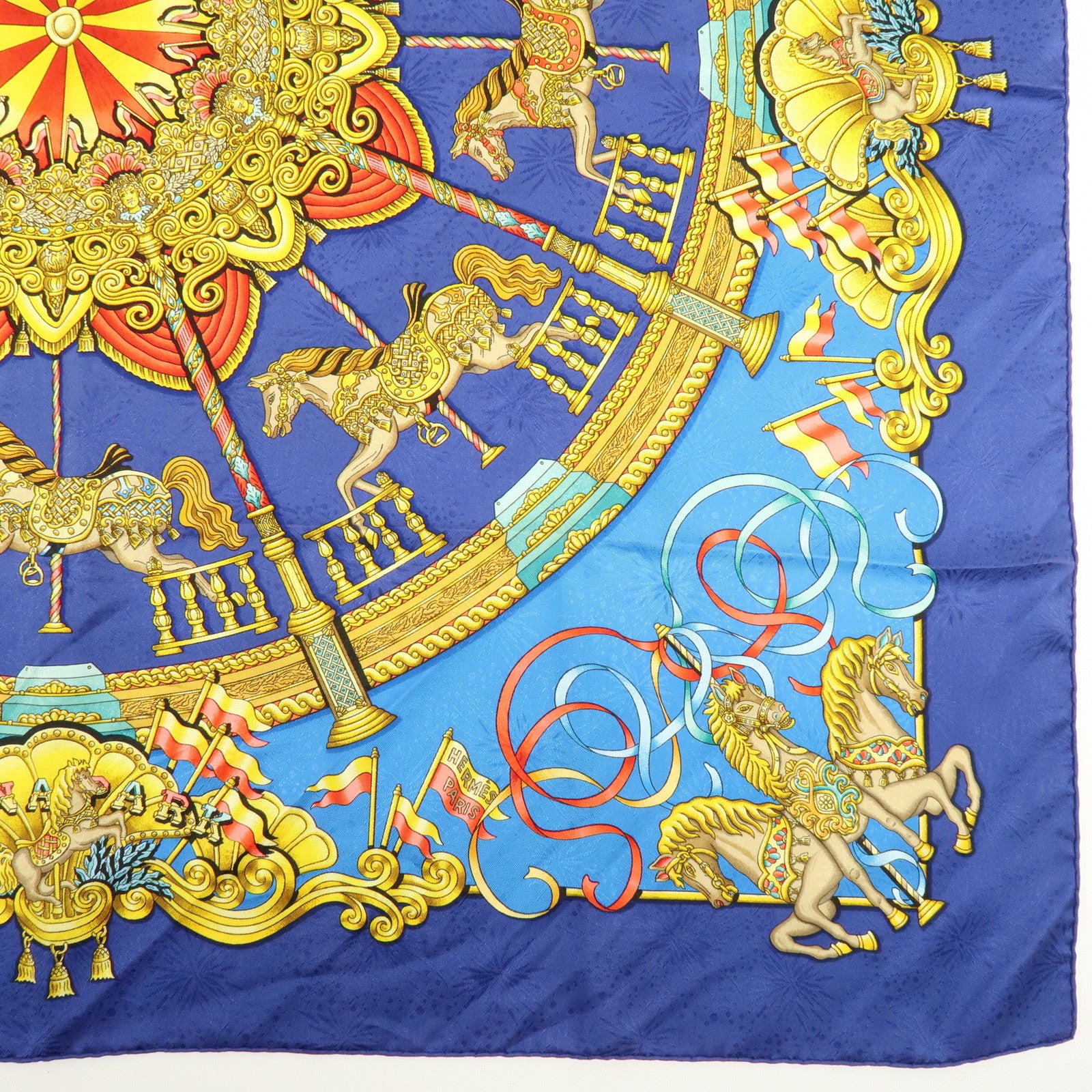 HERMES Carre 90 Silk 100% LUNA PARK Scarf Blue Gold