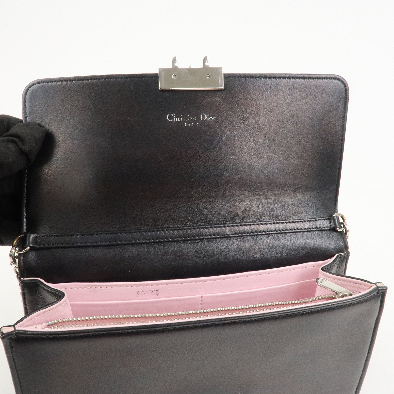 Christian Dior Leather Chain Shoulder Bag Heart Embroidery Black
