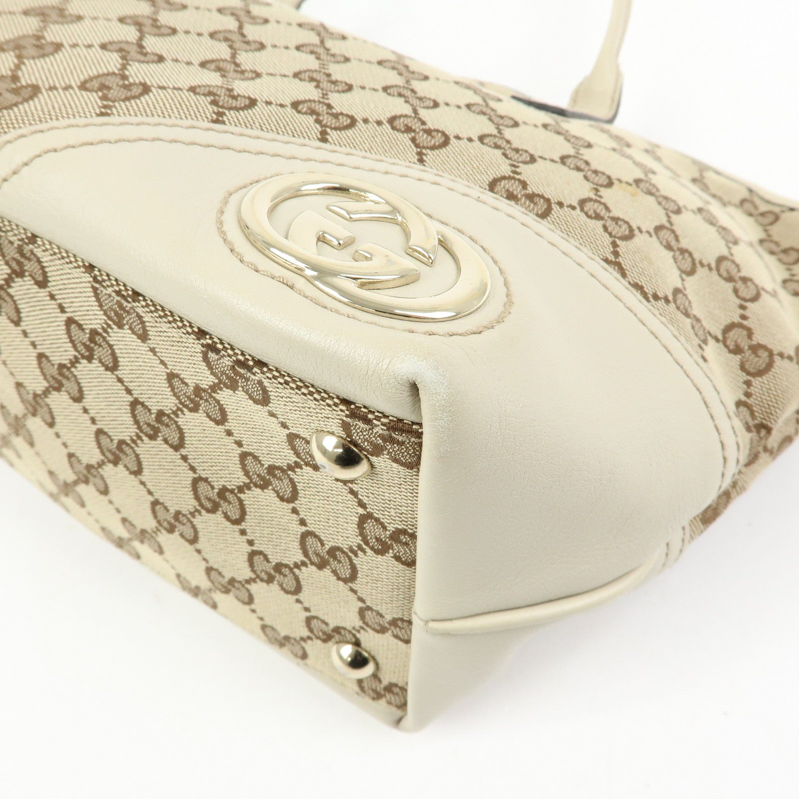 GUCCI Interlocking G GG Canvas Leather Tote Bag Beige White 169946