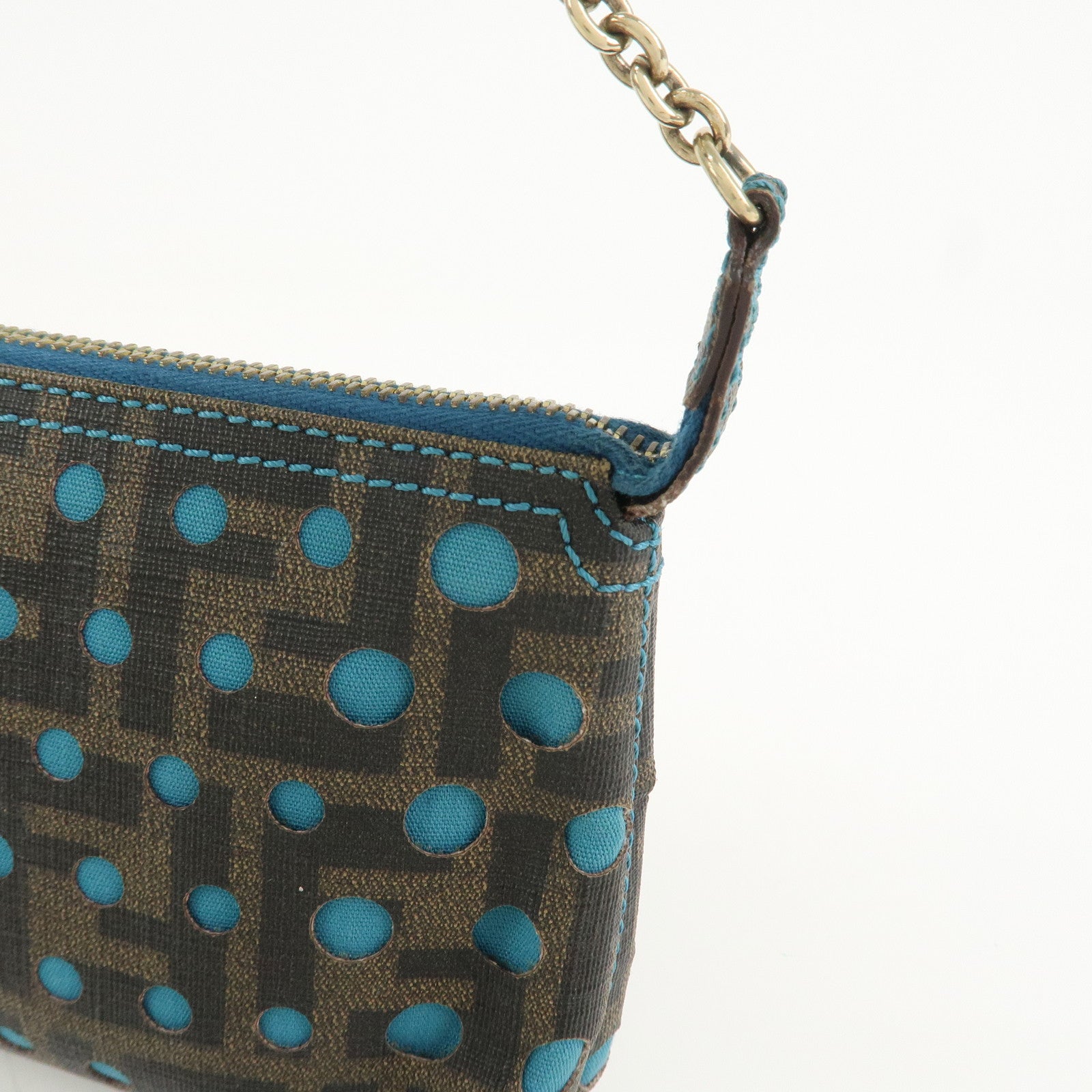 FENDI Zucca PVC Canvas Chain Accessory Pouch Brown Blue 8BR592