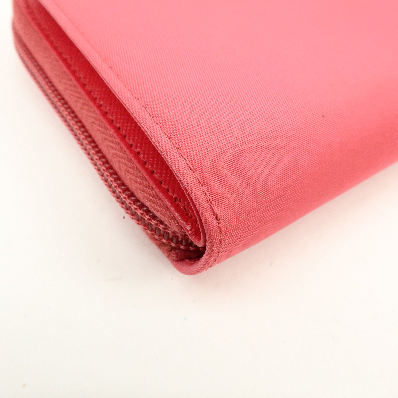 PRADA Triangle Logo Nylon Leather Round Zippy Compact Wallet Pink