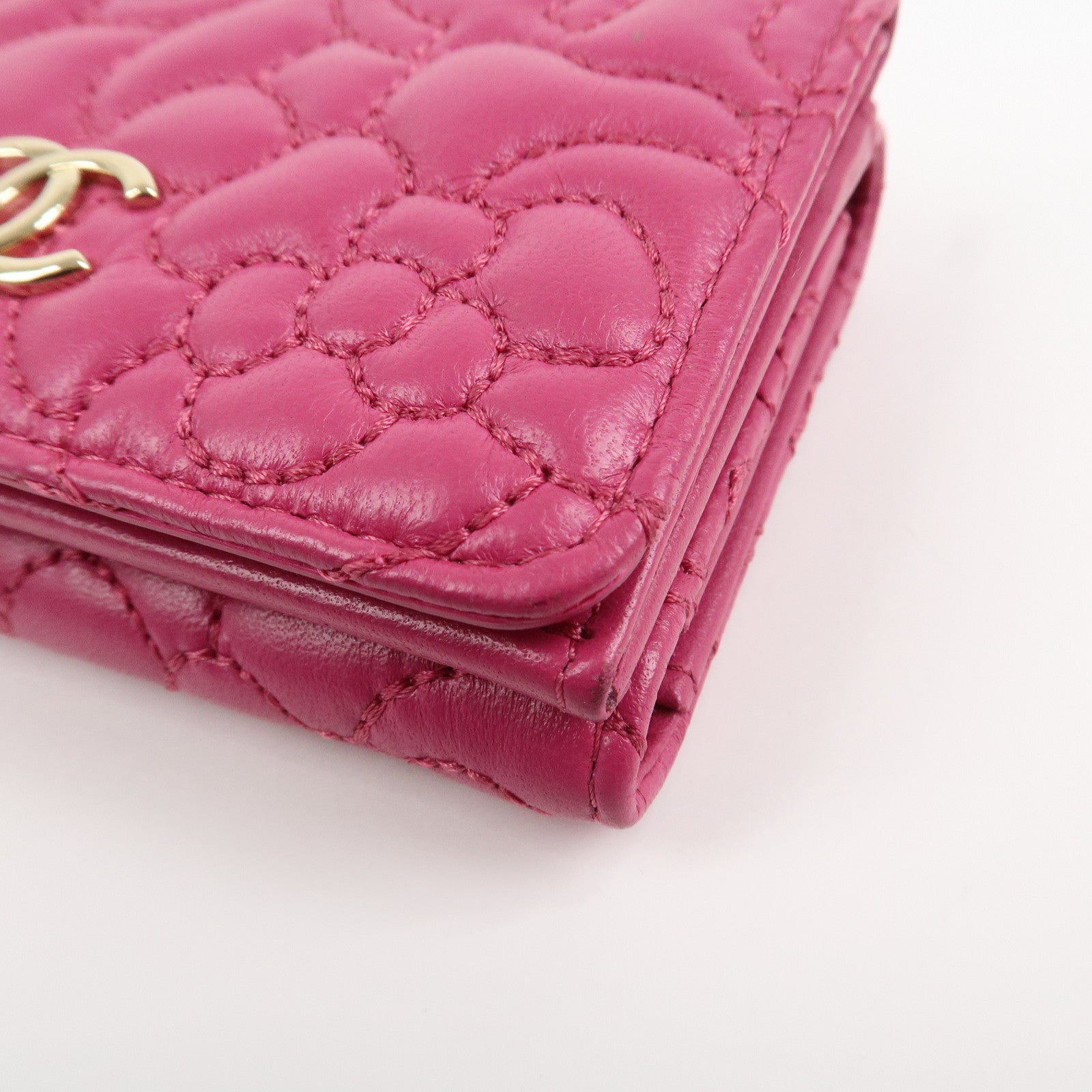 CHANEL COCO Mark Lamb Skin Tri-fold Compact Wallet Pink