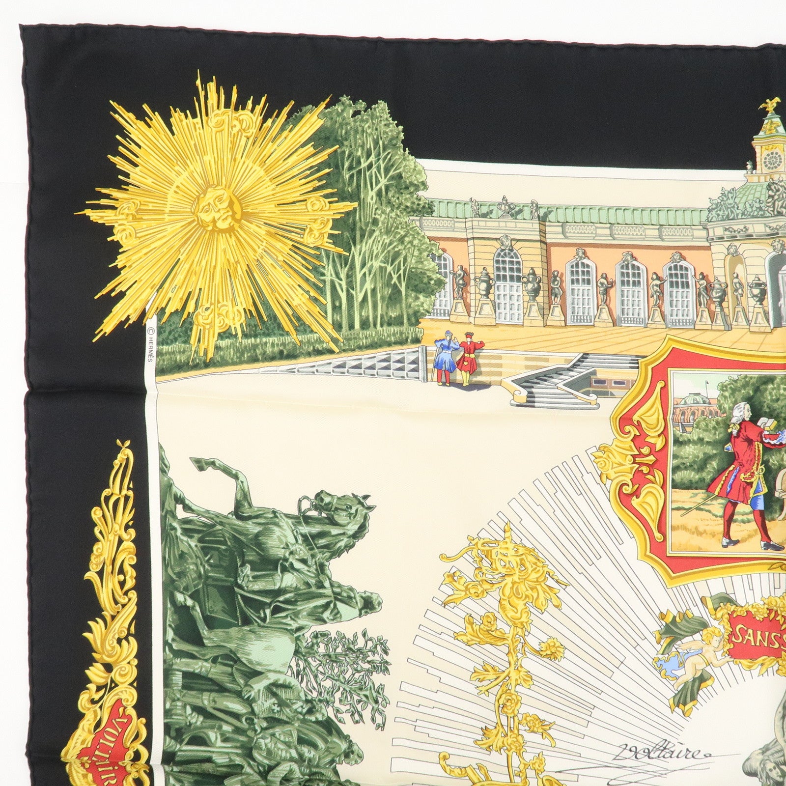 HERMES Carre 90 Silk 100% Scarf SANSSOUCY Gold Back Ivory Used