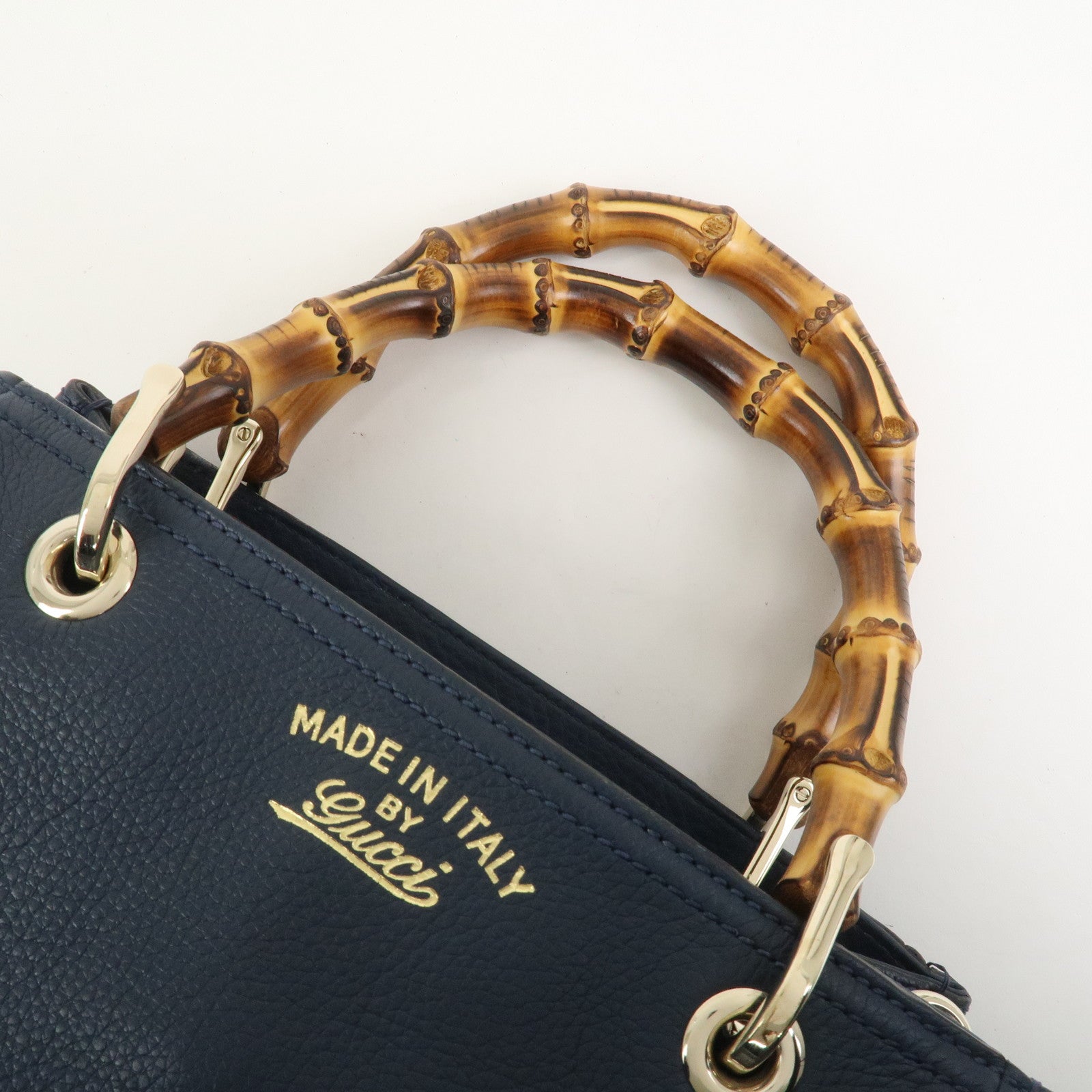 GUCCI Bamboo Shopper Small Leather 2Way Hand Bag Navy 336032