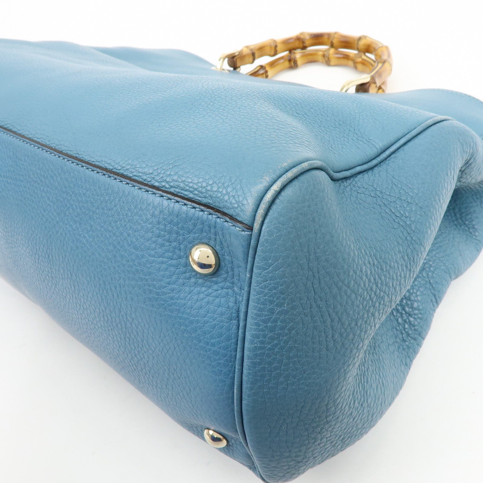 GUCCI Bamboo Shopper Large Leather Tote Bag 2Way Bag Blue 323658