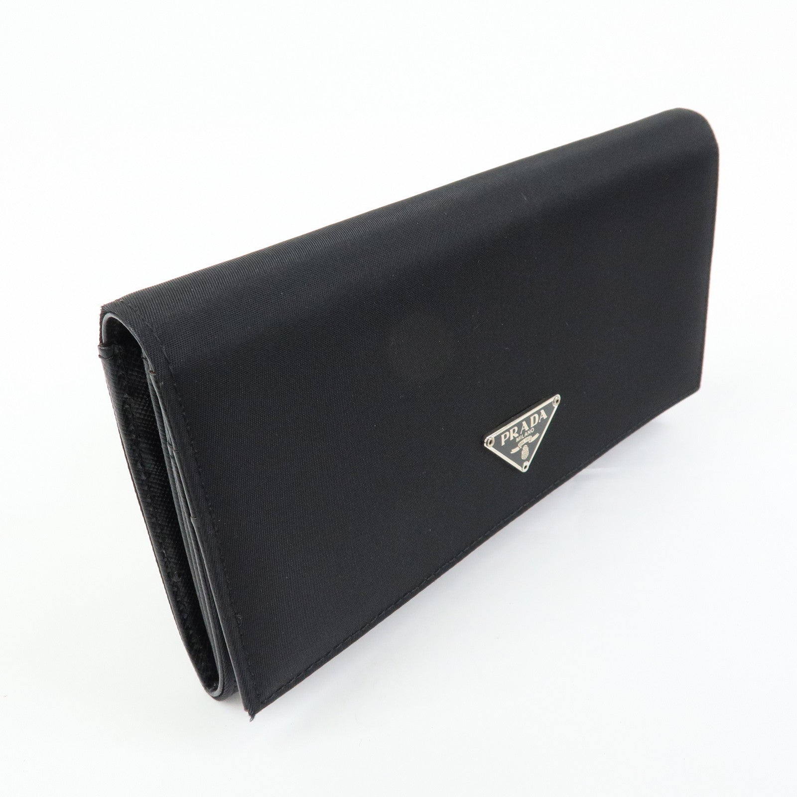 PRADA Triangle Logo Nylon Leather Long Wallet Black M608