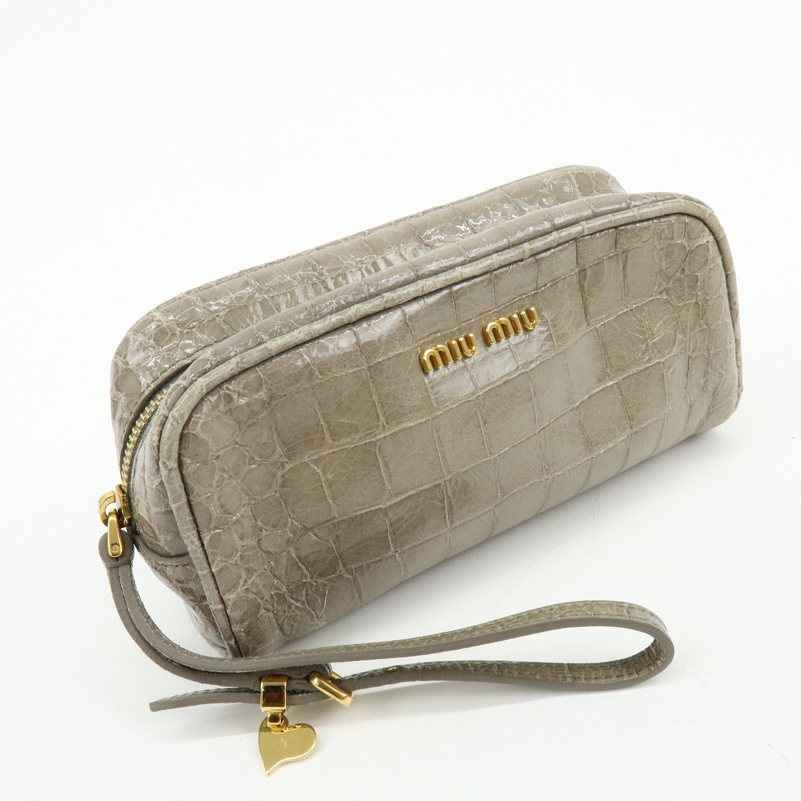 MIU MIU Embossed Leather Clutch Bag Wrist Bag Cosmetic Pouch Greige