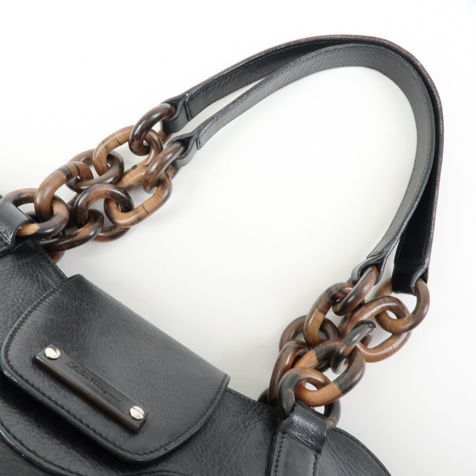 Ferragamo Gancini Leather Wood Shoulder Bag Hand Bag Black Brown