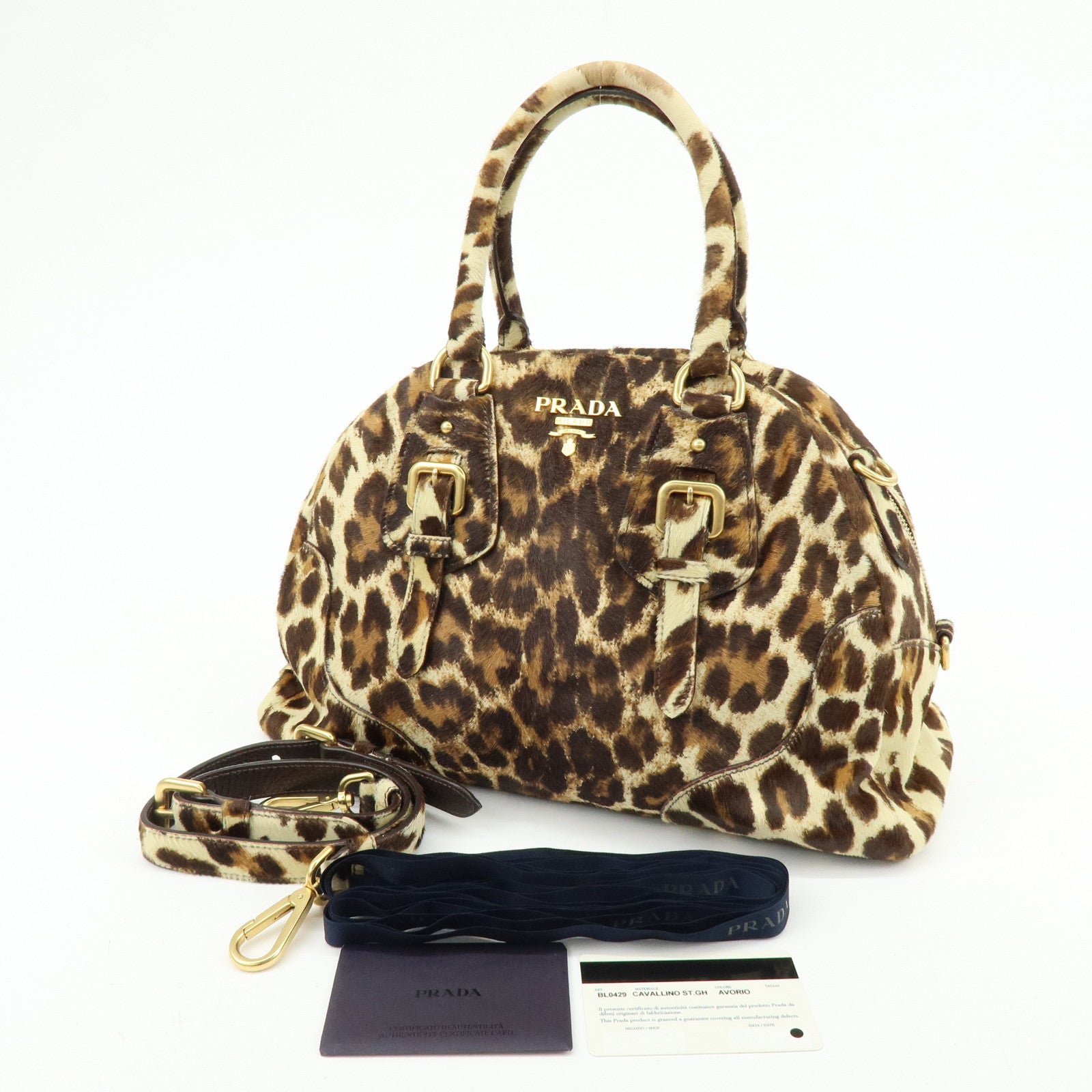 PRADA Pony Hair Leopard 2Way Boston Bag Shoulder Bag Brown BL0429