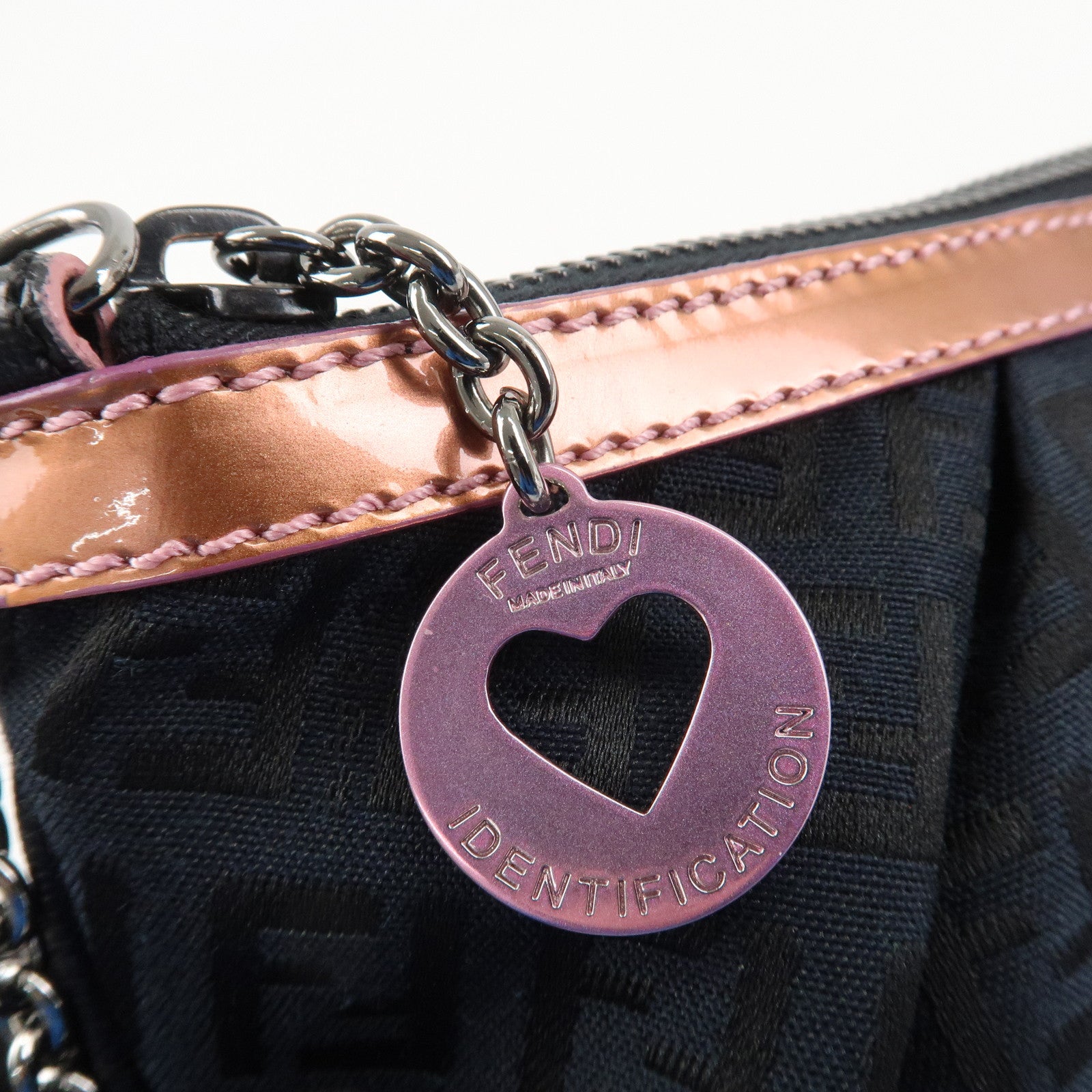 FENDI Zucchino Canvas Leather Chain Hand Bag Black Pink 8BR594 Used