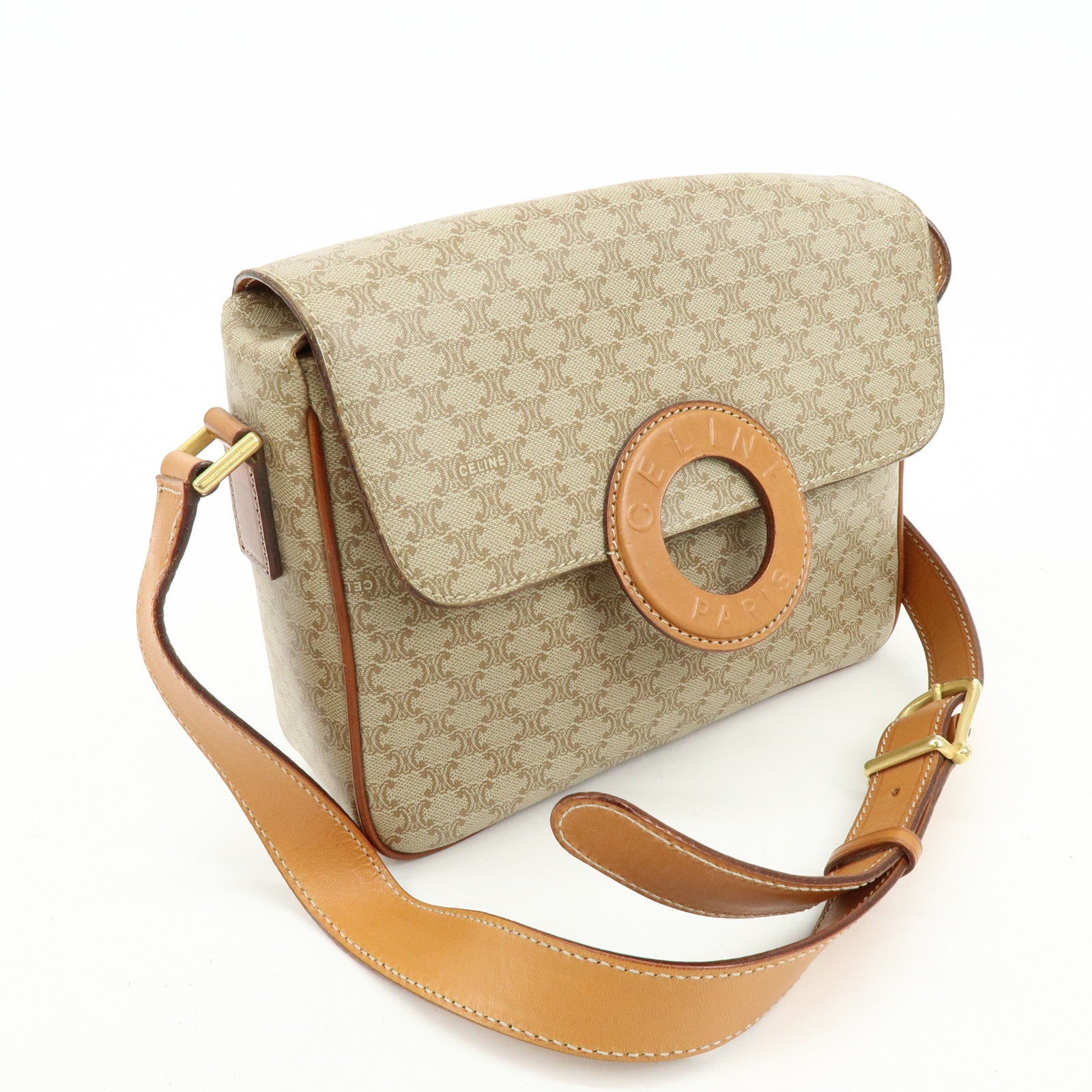 CELINE Macadam PVC Leather Shoulder Bag Crossbody Bag Beige
