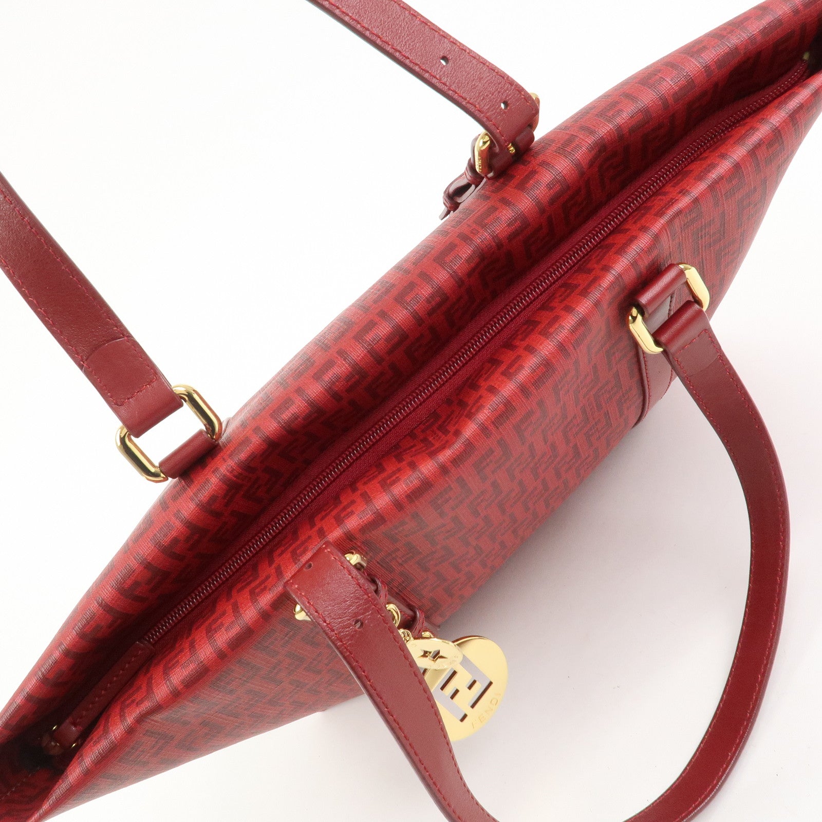 FENDI Zucchino PVC Leather Tote Bag Shoulder Bag Red Gold 8BH215