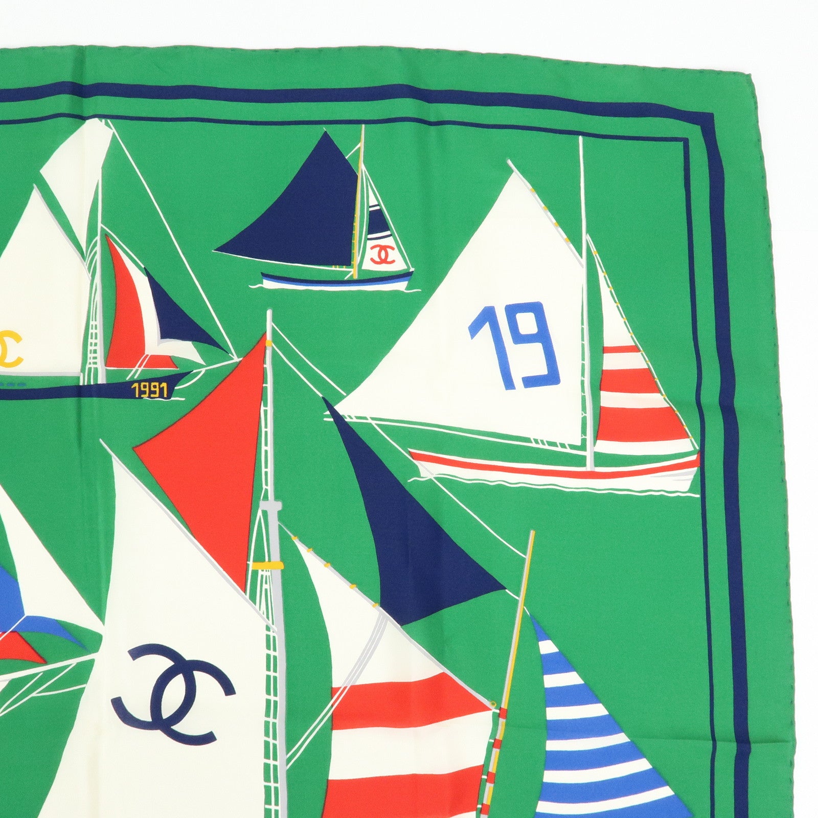 CHANEL COCO Mark Silk100% Scarf Green Navy White Red