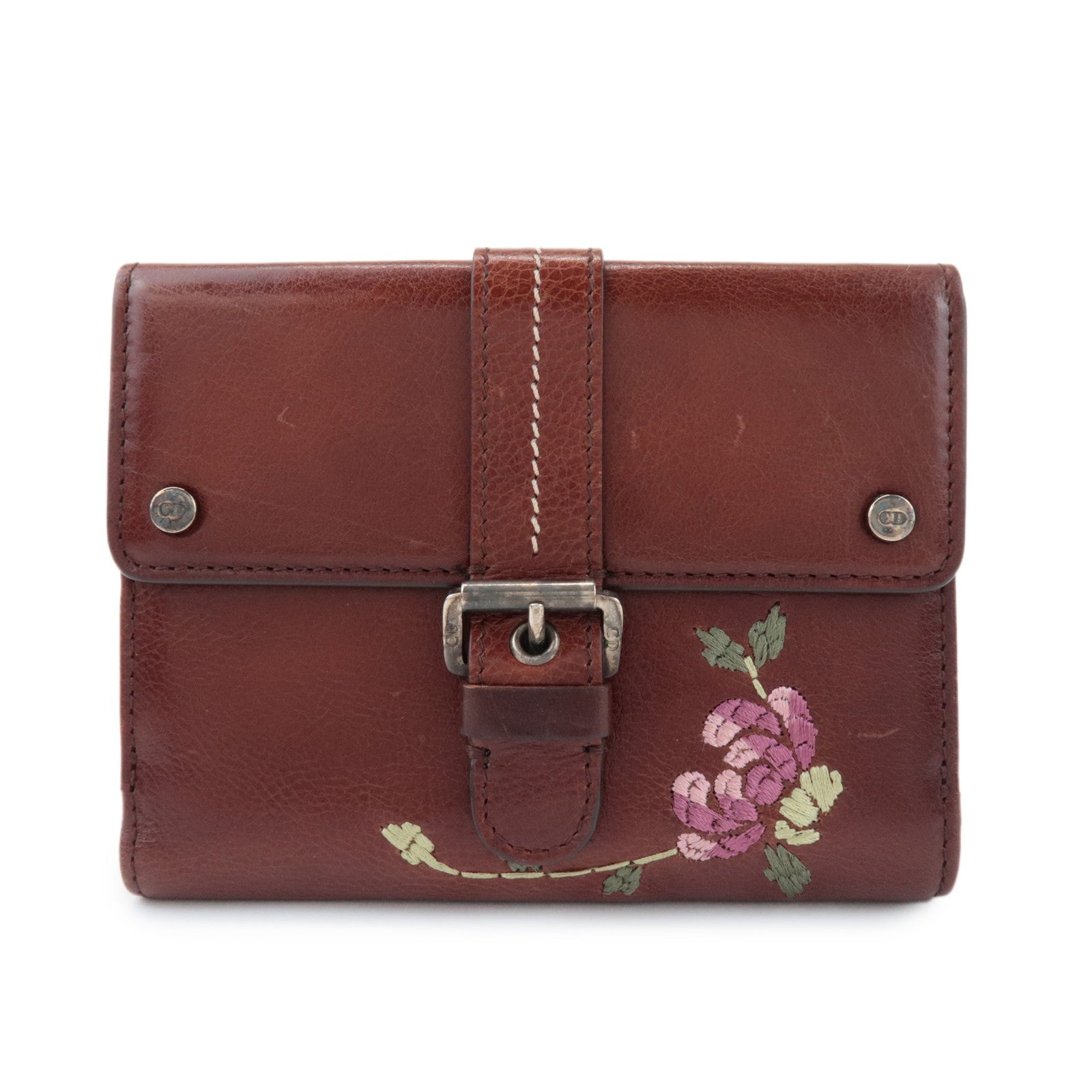 Christian Dior Leather Flower Embroidery Motif Compact Wallet Brown