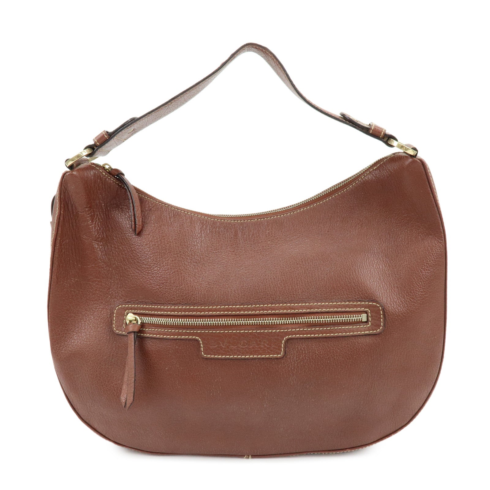 BVLGARI Leather Shoulder Bag Hand Bag Brown