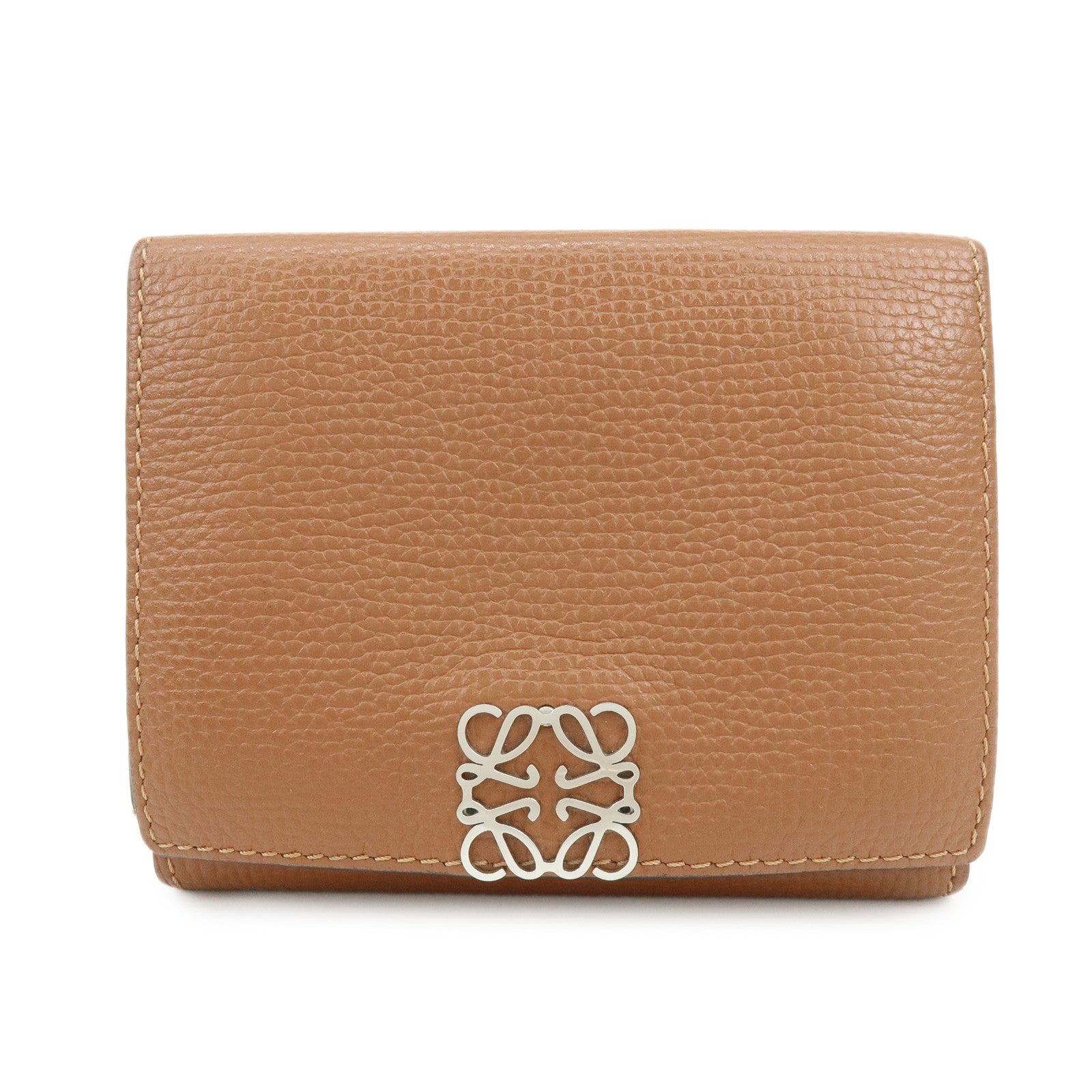 LOEWE Anagram Pebble Grained Calf Compact Tri-fold Wallet Camel