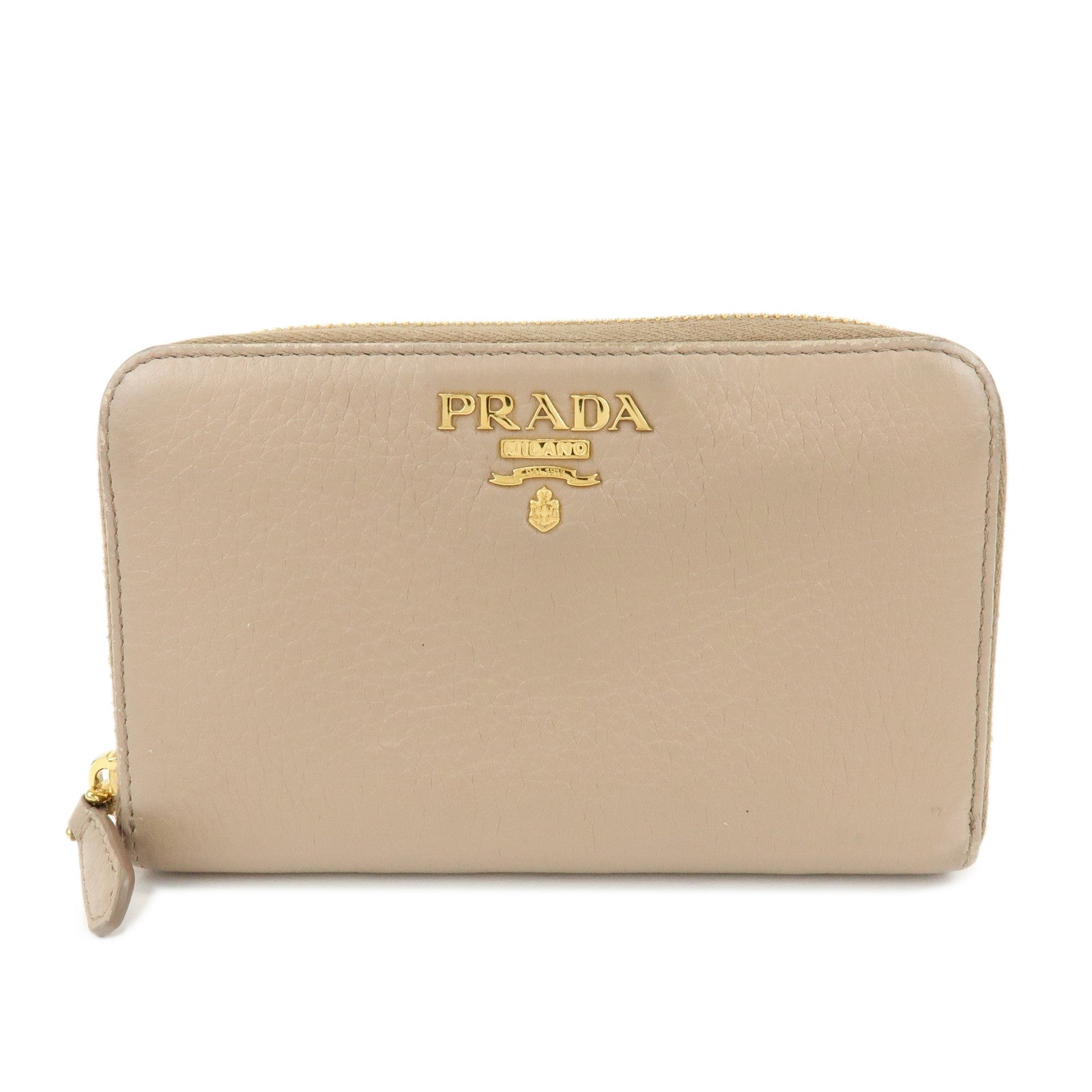 PRADA Calf Leather Compact Round Zippy Wallet Beige Gold
