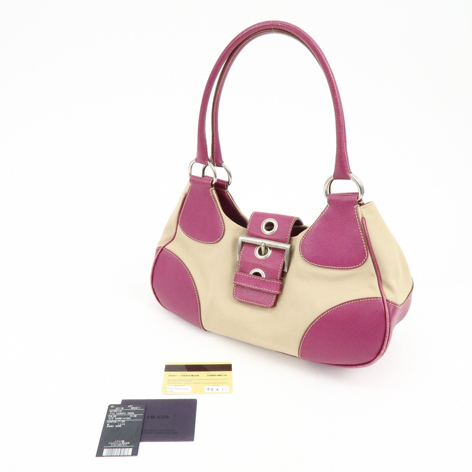 PRADA Triangle Logo Canvas Leather Hand Bag Beige Purple BR0811