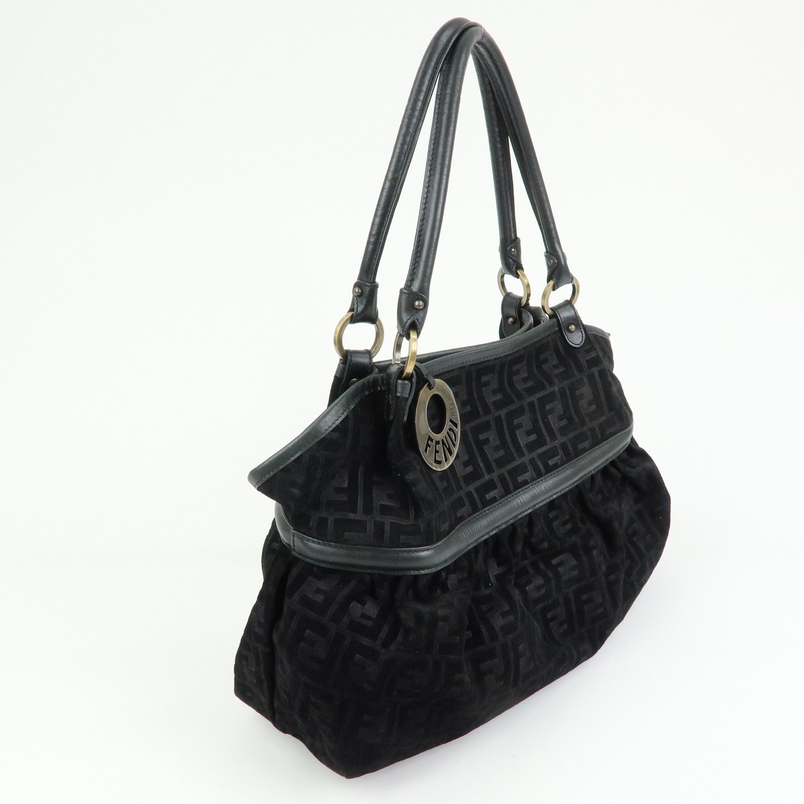 FENDI Zucca Suede Leather Gathered Shoulder Bag Black 8BH186