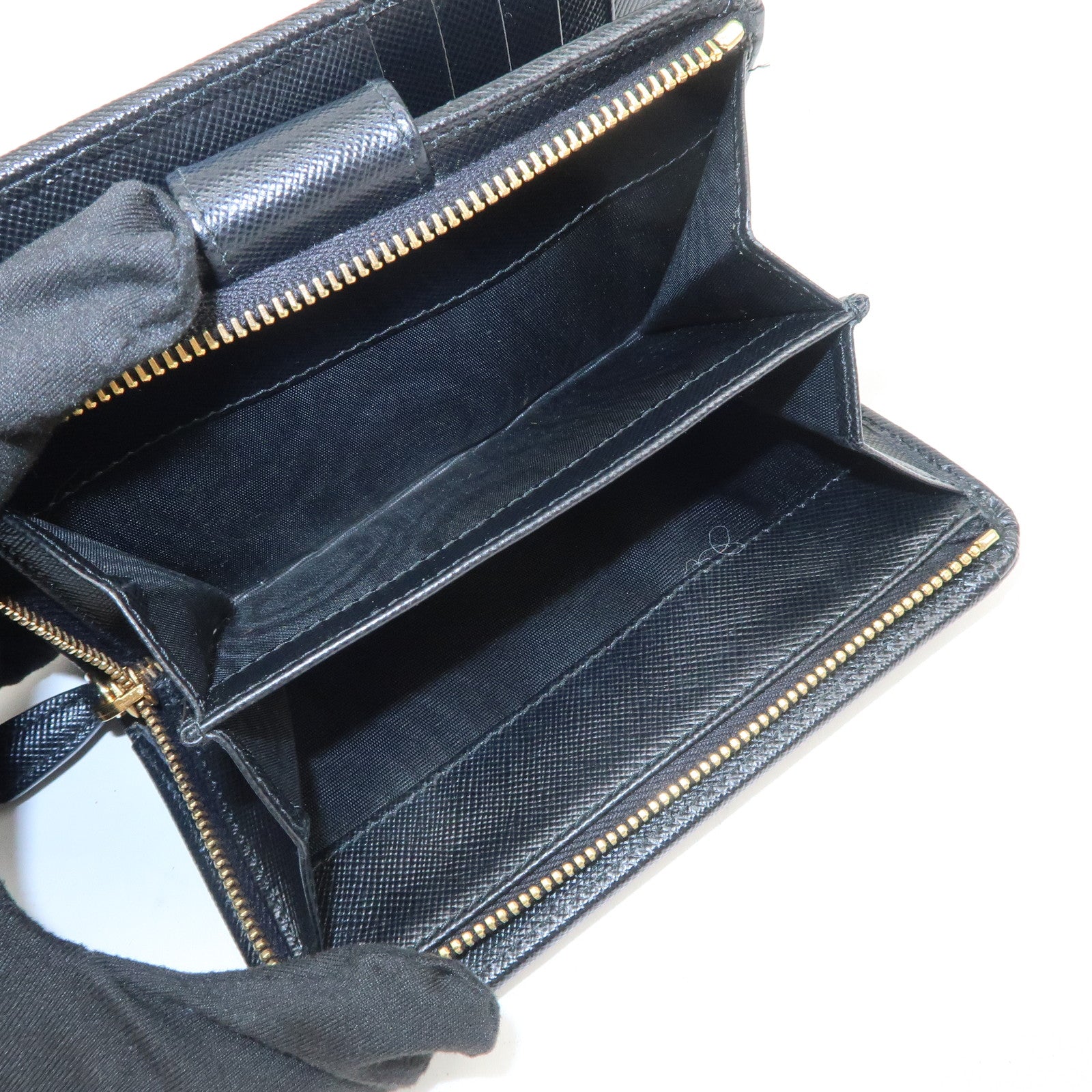 PRADA Logo Saffiano Leather Bi-fold Compact Wallet Black 1M1225