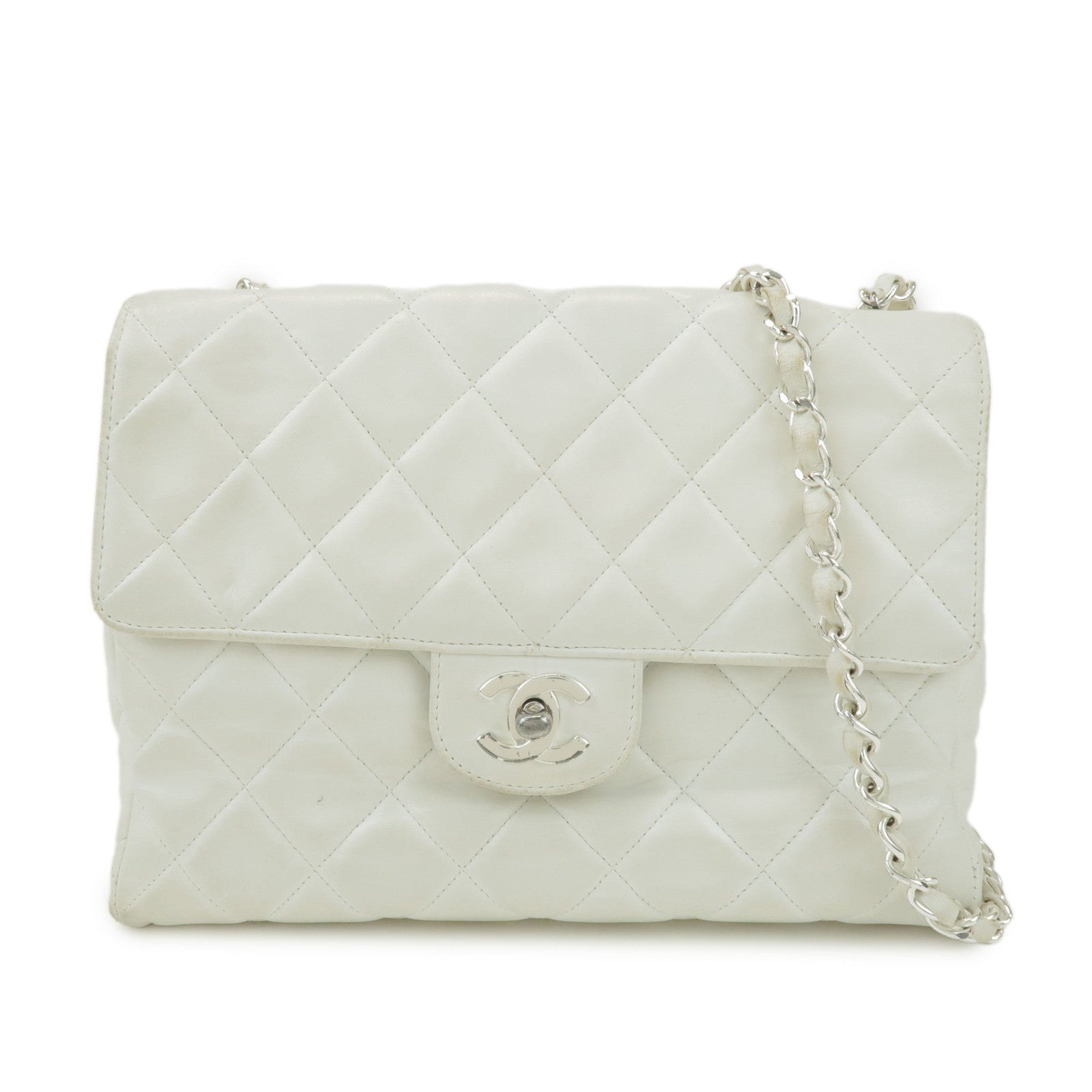 CHANEL Matelasse Lamb Skin Chain Shoulder Bag White Silver