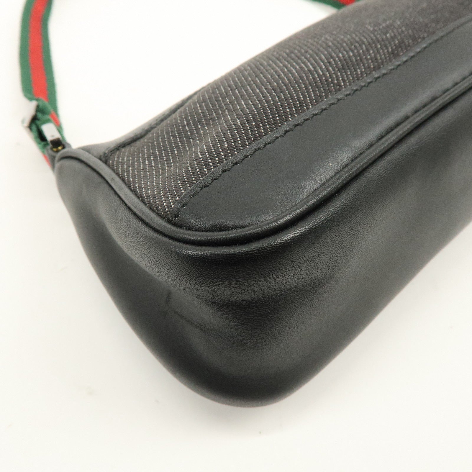GUCCI Sherry Denim Leather Accessory Pouch Hand Bag Black 92820
