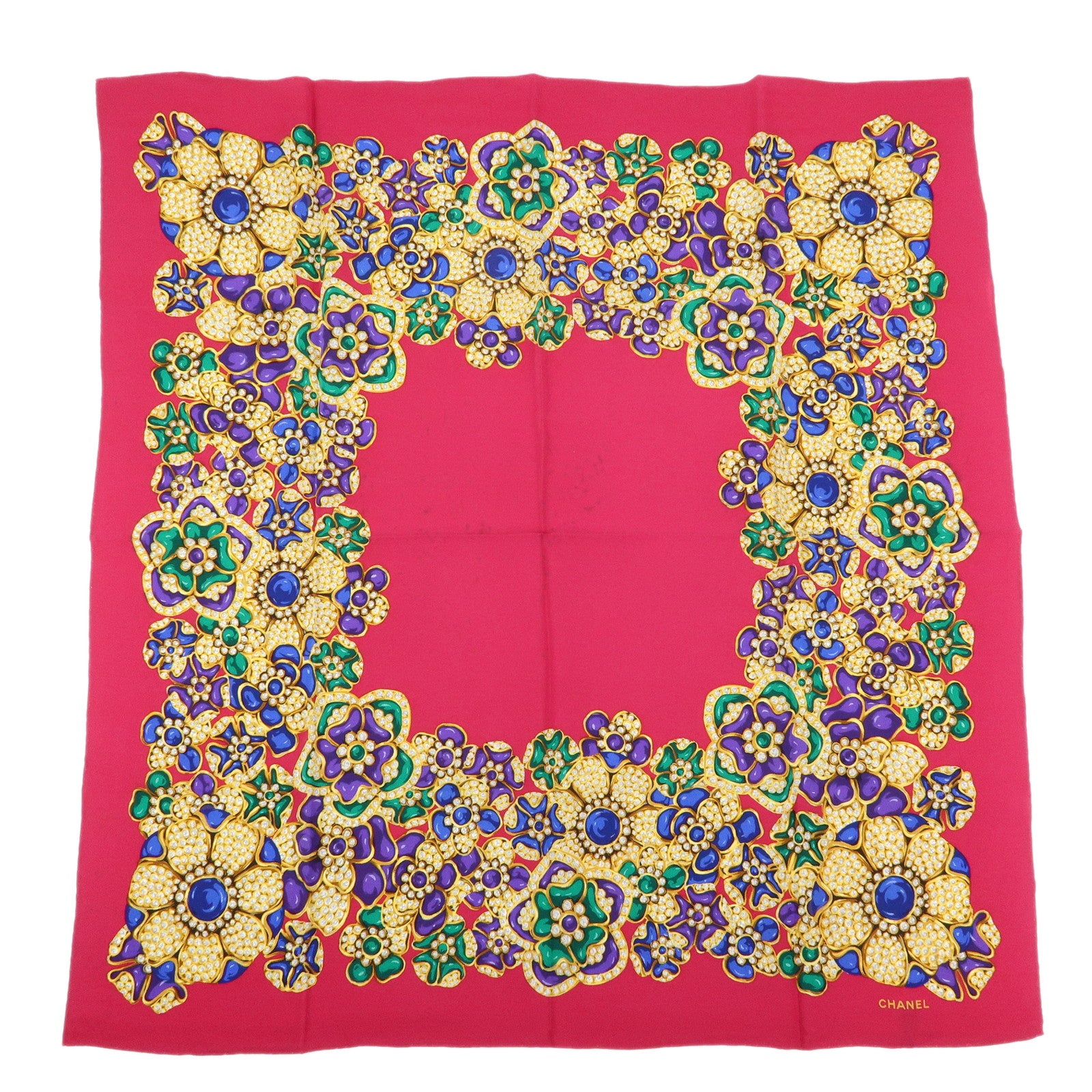 CHANEL Silk 100% Flower Jewelry Motif Scarf Pink Gold