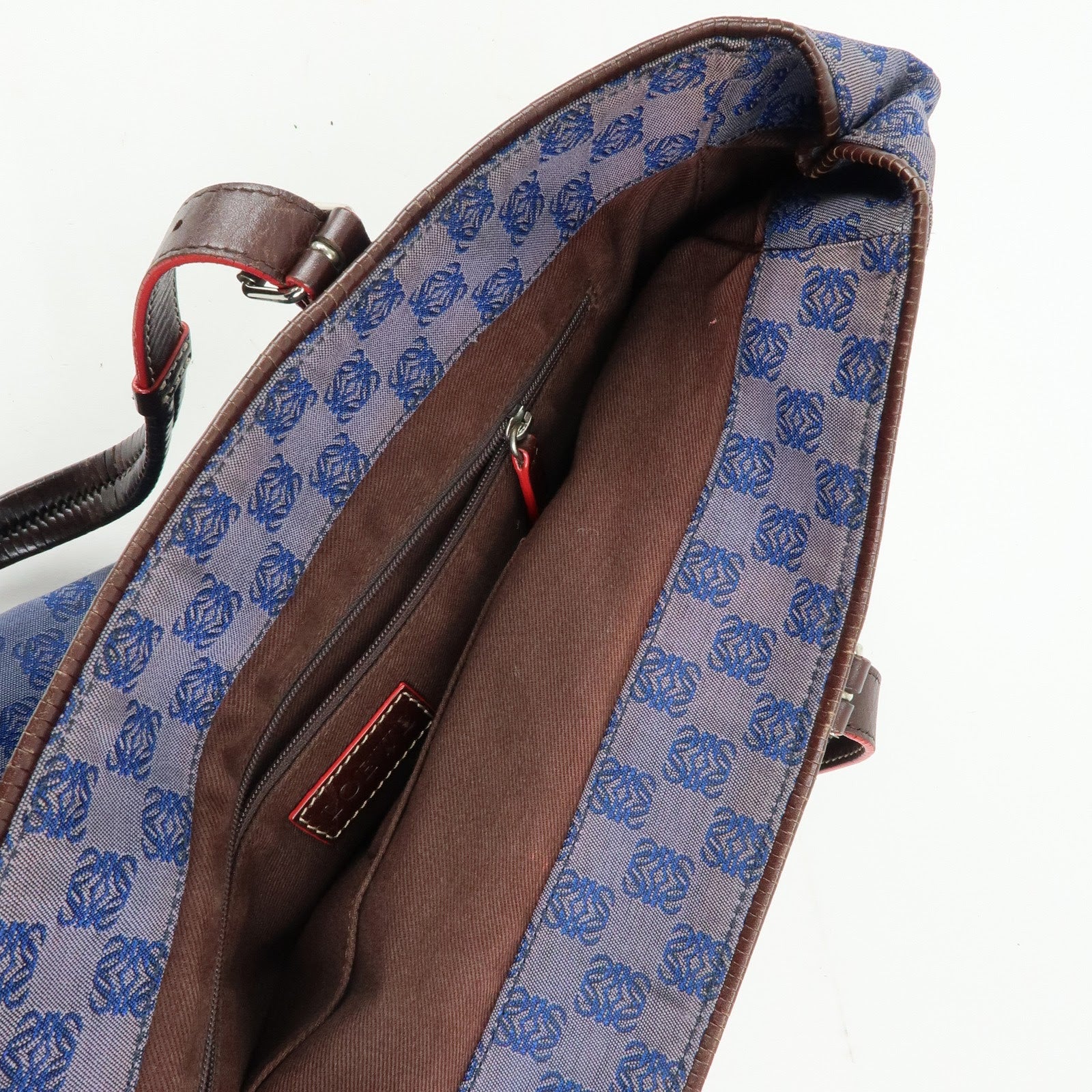 LOEWE Repeat Anagram Canvas Leather Tote Bag Hand Bag Blue Brown