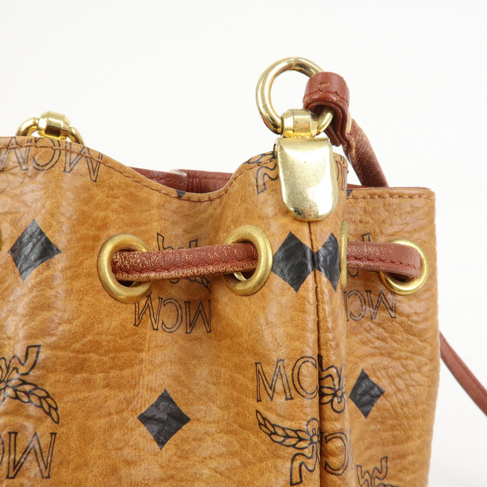 MCM Visetos Leather Drawstring Shoulder Bag Brown