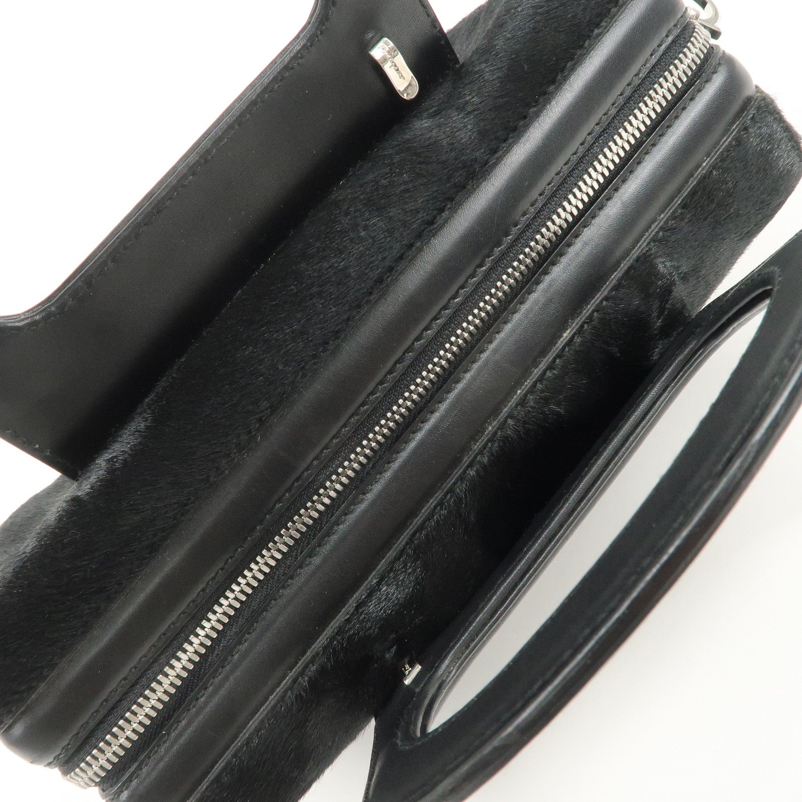 Ferragamo Gancini Leather Unborn Calf Hand Bag Black Used