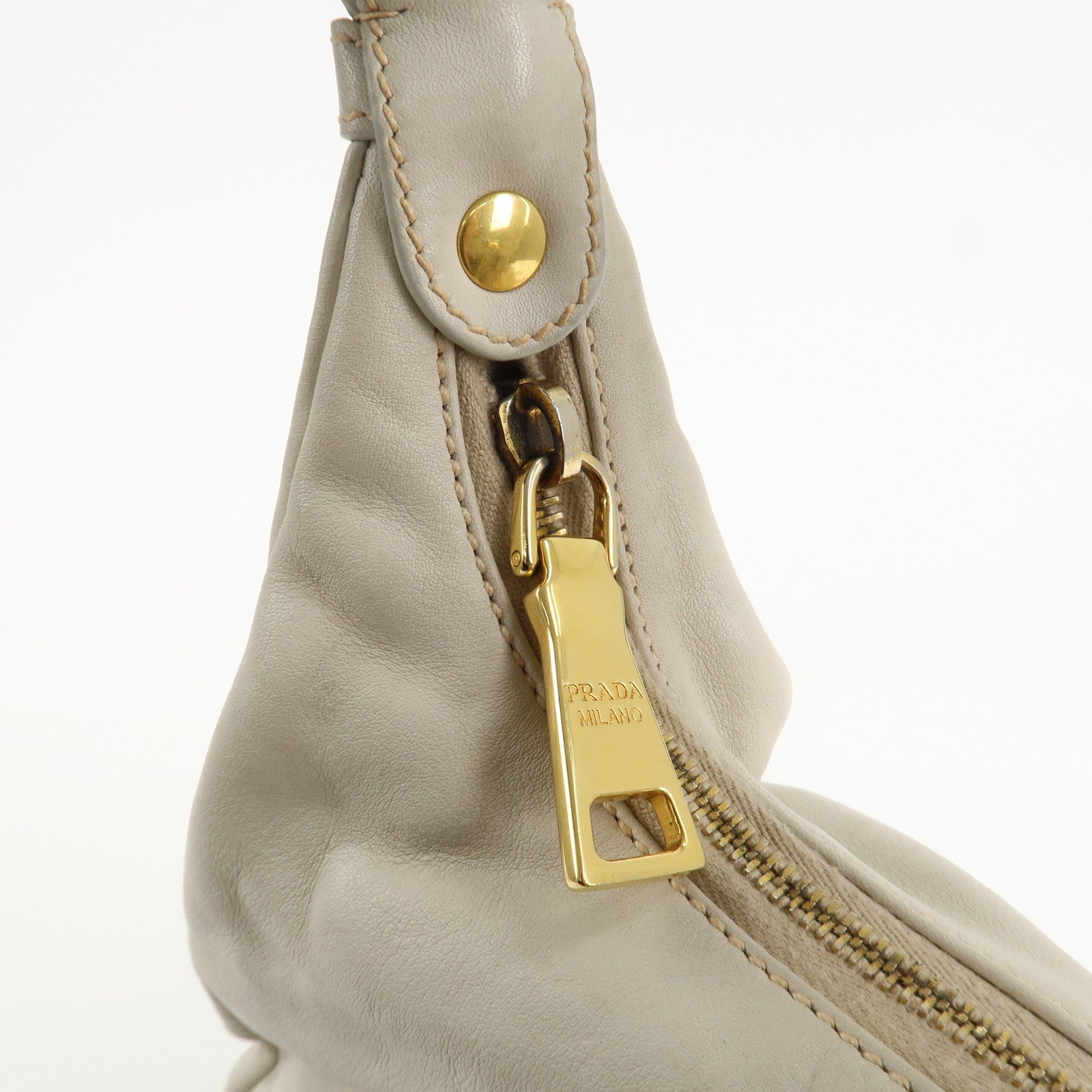 PRADA Logo Leather Shoulder Bag Hand Bag Ivory Gold Hardware Used