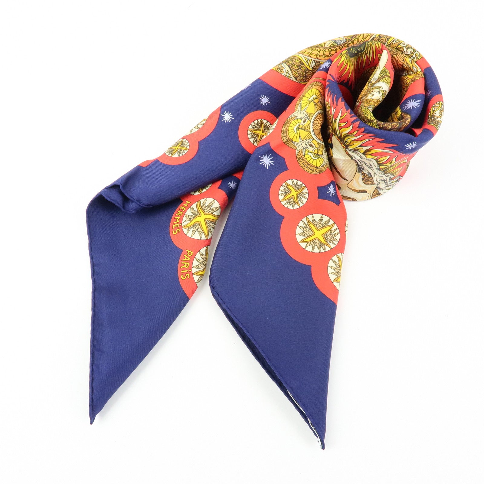 HERMES Carre 90 Silk 100% Scarf LE ROY SOLEIL Navy Red Yellow